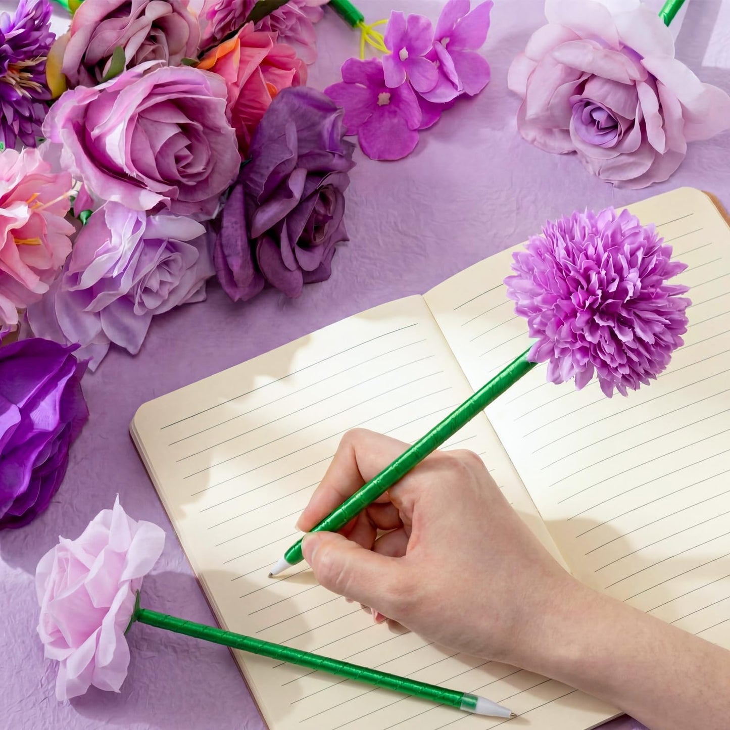 FunooFuno 20 Pcs Flower Pens - Artificial Floral Ballpoint Pen Set Black Ink Writing Pen for Teacher Back to School Party Supplies Wedding Mothers Day Christmas Party Favors & Home Decor(Purple)