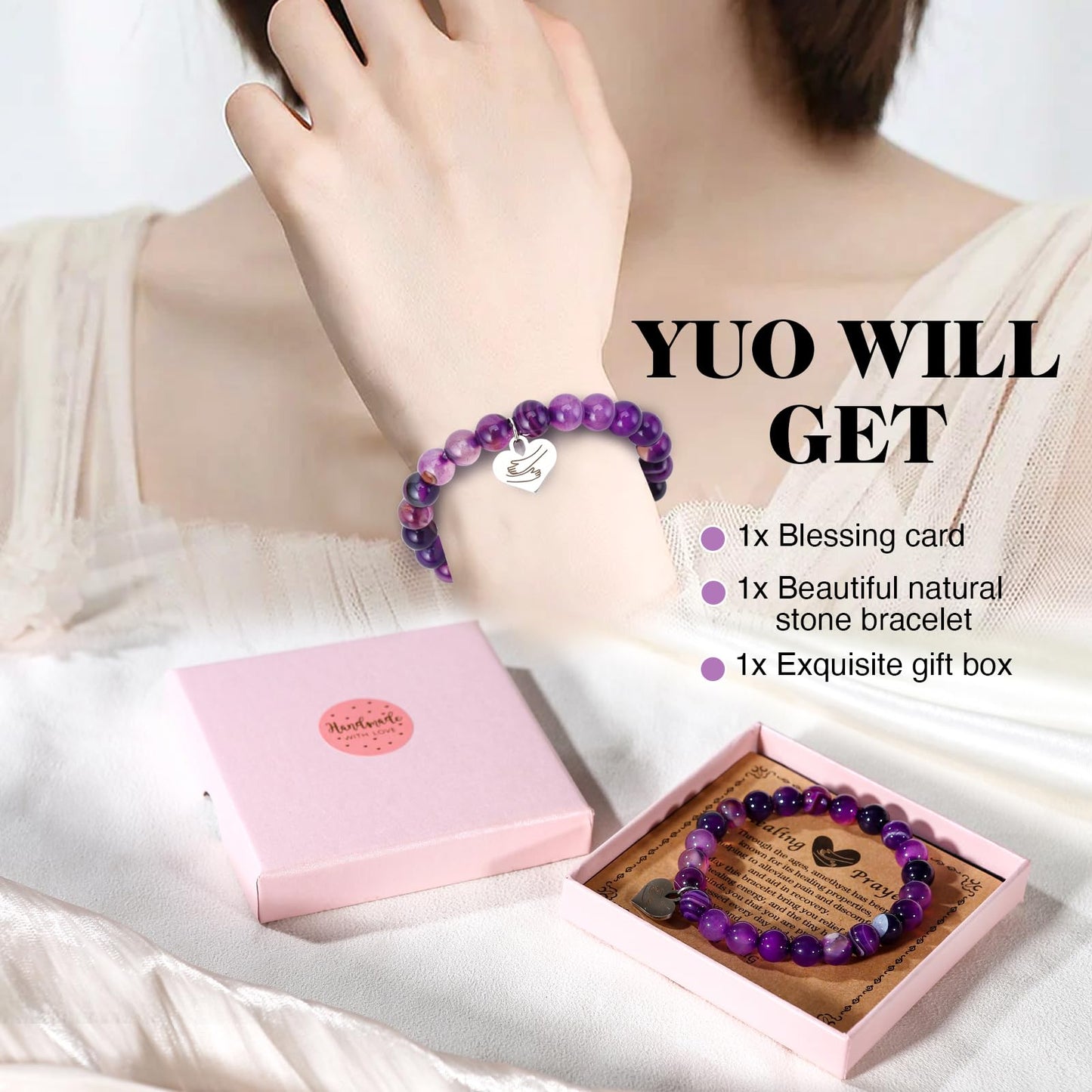 Encouragement Healing gifts,Natural Stone Amethyst Bracelet for Women ,Those Facing Illness or Anxiety to Get Well Soon, Inspirational Gifts on Thanksgiving Christmas Valentine's Day (Agate amethyst)
