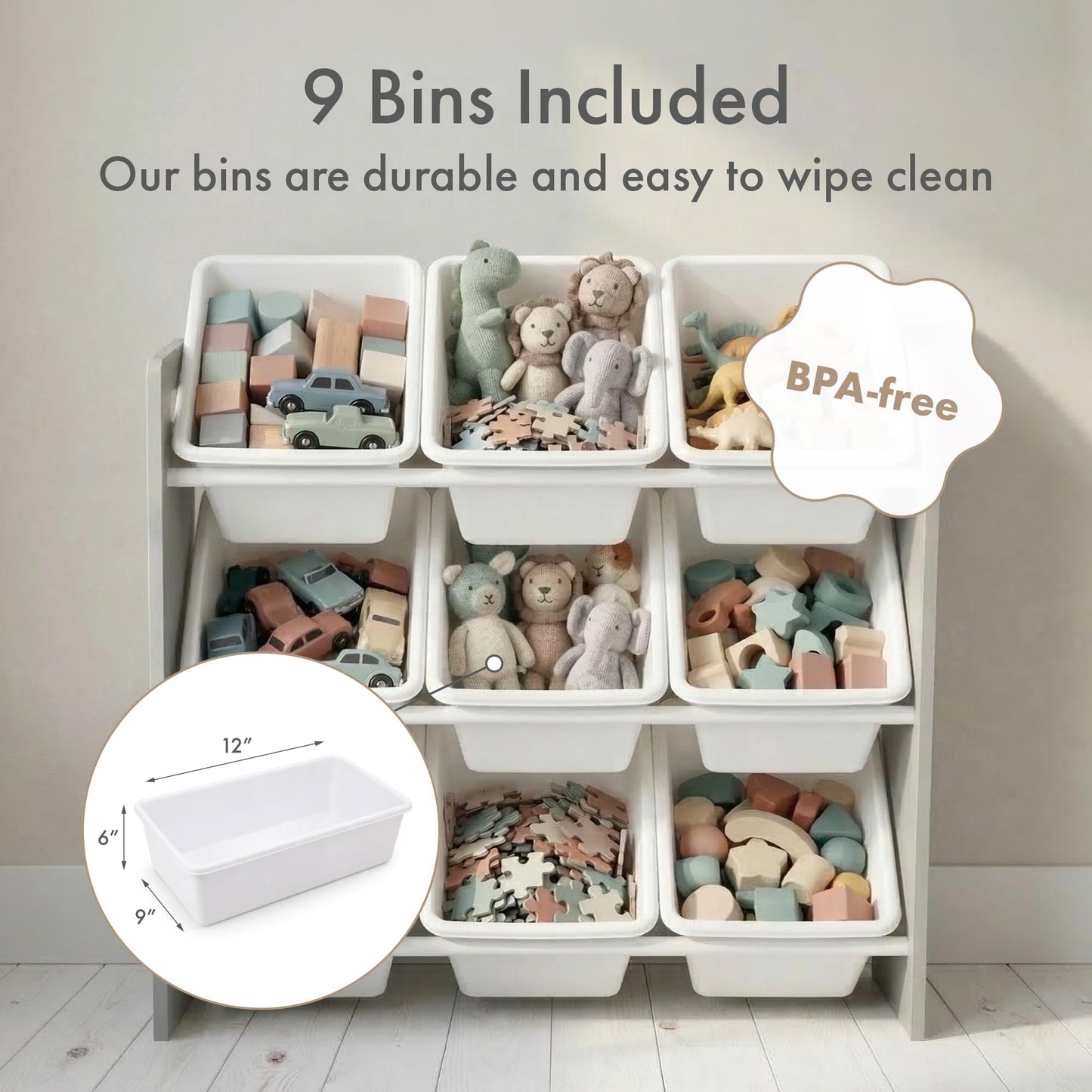 Humble Crew Toy Storage Organizer with 9 Removable Storage Bins for Kids Playroom, 3-Tier Toddler Toy Organization and Storage, Grey/White