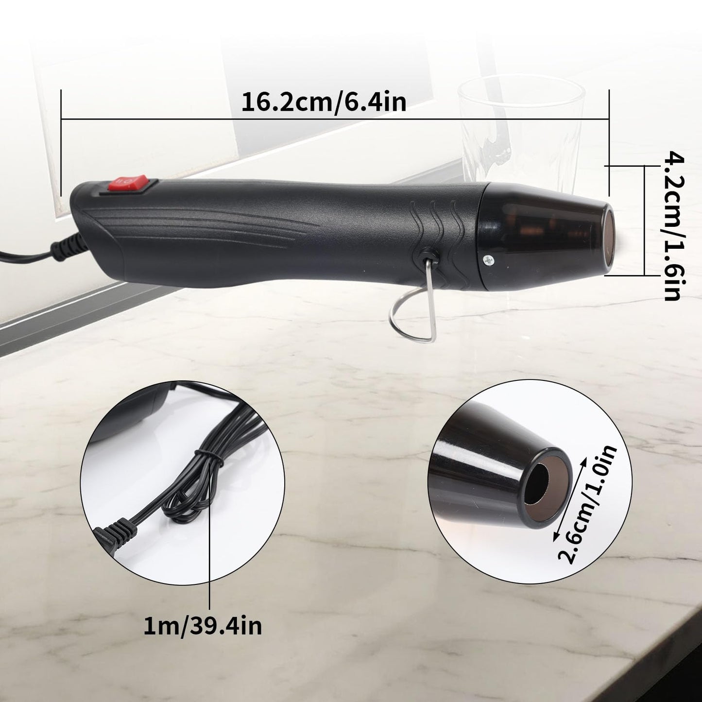 VortecSys Heat Gun for Crafting, 110V 350W Handed Hot Air Gun, 3.28FT Ultra-Long Cable Portable Heat Gun with Stand and Power Cord for Shrinking Wrapping PVC, DIY Embossing and Drying Paint (Black)