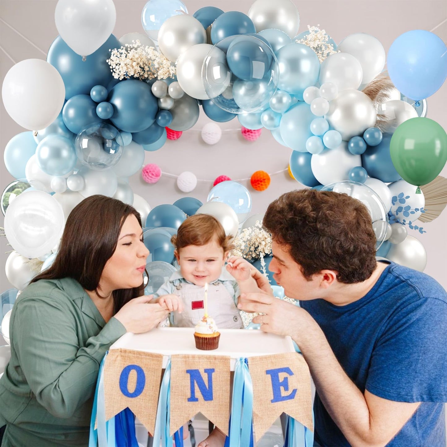 FunHot Dusty Blue Balloon Arch Kit, Double Stuffed Pearl White Pastel Blue Balloon Garland Kit with Clear Balloons for Boys Baby Shower Gender Reveal Wedding Frozen Winter Birthday Party Decorations