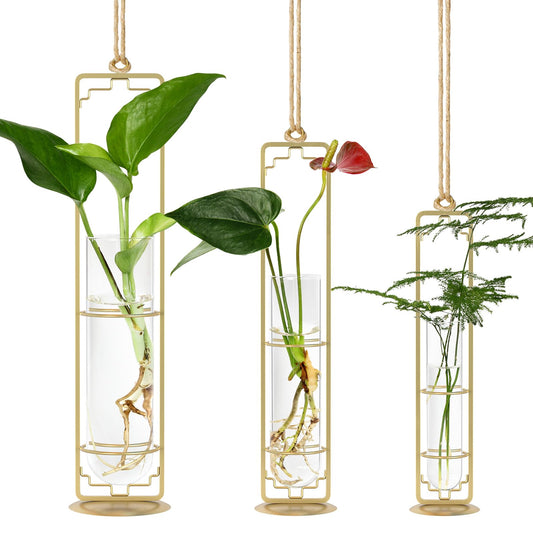 MIPON Metal Hanging Plant Propagation Station,3 Size Glass Test Tube Hydroponic Planter,Boho Wall Hanging Plant Cuttings Holder,Indoor Water Plant Terrarium Tubes for Home Office Window Decor-Gold