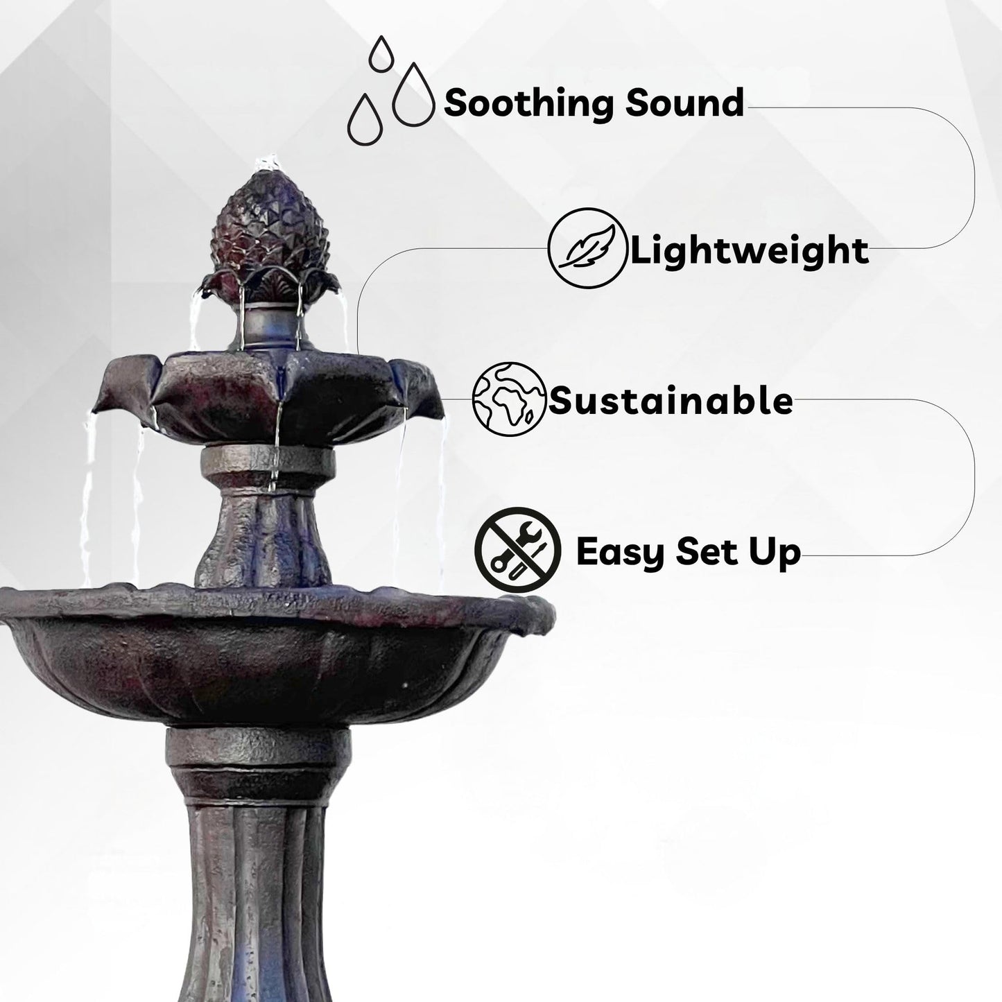 XBrand 44" 2-Tier Solar Water Fountain, Fiberglass/Resin Outdoor Fountain with Solar Panel & Auto Shut-Off Pump, Dark Brown