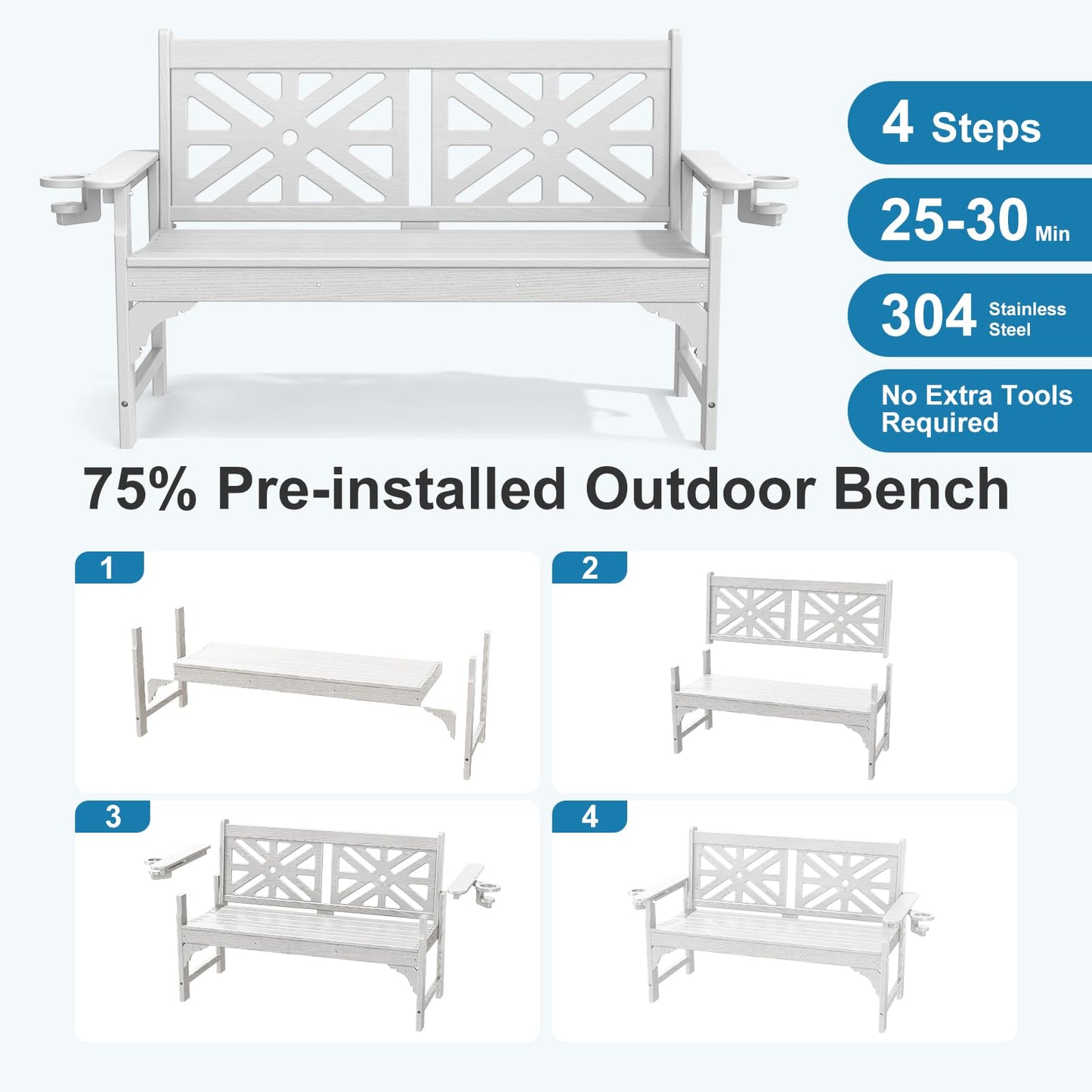 LOENIY Oversized Outdoor Bench with Cup Holders, 51.5” HDPE Aesthetic Garden Bench for 2 Person, Memorial Benches - Easy Assembly & All Weather, for Porch & Patio, 800lbs Load Capacity (White, 1pc)
