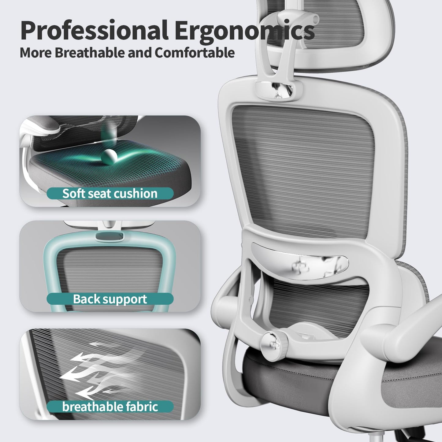 TRALT Office Chair Ergonomic Desk Chair, 330 LBS Home Mesh Office Desk Chairs with Wheels, Comfortable Gaming Chair, High Back Office Chair for Long Hours (White)