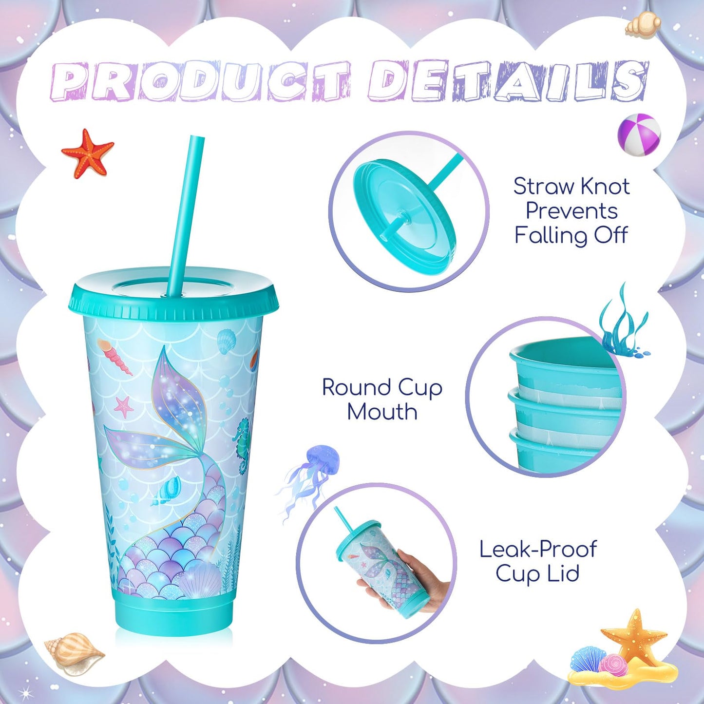 Uiifan 24 Pcs Mermaid Party Cups with Lid and Straw 24oz Mermaid Birthday Decorations Tail Shell Starfish Reusable Cup for Birthday Baby Shower Ocean Party Supplies