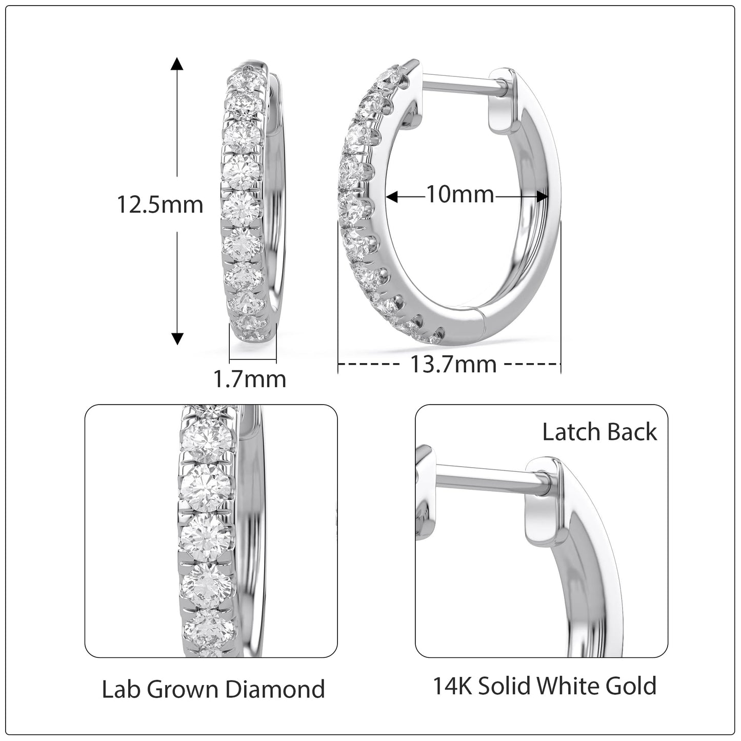 Huggie Hoop Earrings For Women, 1/4 Carat Round Shape Lab Grown Diamond Wedding Bridal Hoop Earrings In 14K Solid White Gold Jewelry for Her (0.25 Cttw)