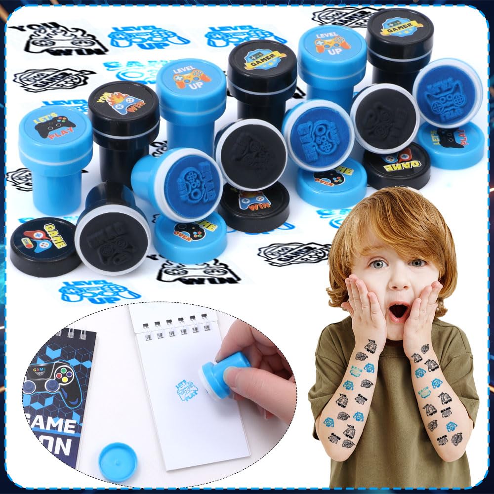 Mishopy 84Pcs Video Game Party Favors Birthday Supplies Kids Boys Invisible Ink Pen Notebook Silicone Bracelet Stamper Tattoo Sticker Gaming Toy Gift Bag Goodie Bag Stuffers Gamer Party Favors