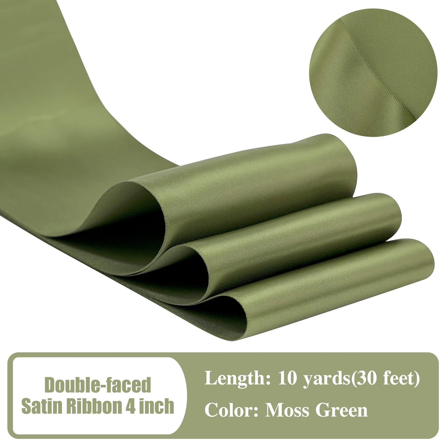 HUIHUANG Moss Green Satin Ribbon - 4 inch Wide, Double Face, Thick, 10 Yards/Roll for Wedding Party Supplies, Chair, Cake Decor, Large Bows, Flower Bouquet, Sewing, Crafts