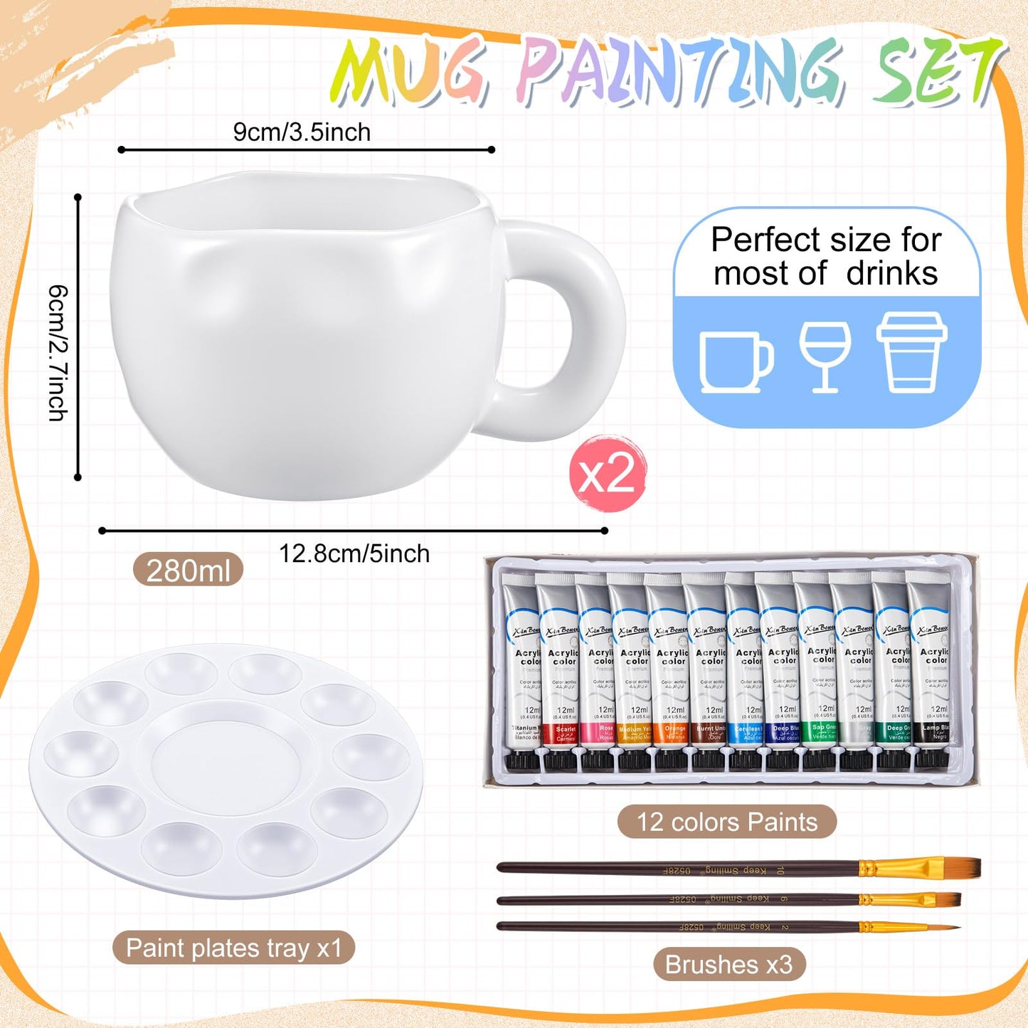 Geiserailie Pottery Painting Kit for Adults, Paint Your Own Mug DIY Set with 2 Ceramic Mugs, 12 Acrylic Paints & Brushes Painting Gift for Easter Graduation Mother's Day Party(Petal-Shaped Mouth)