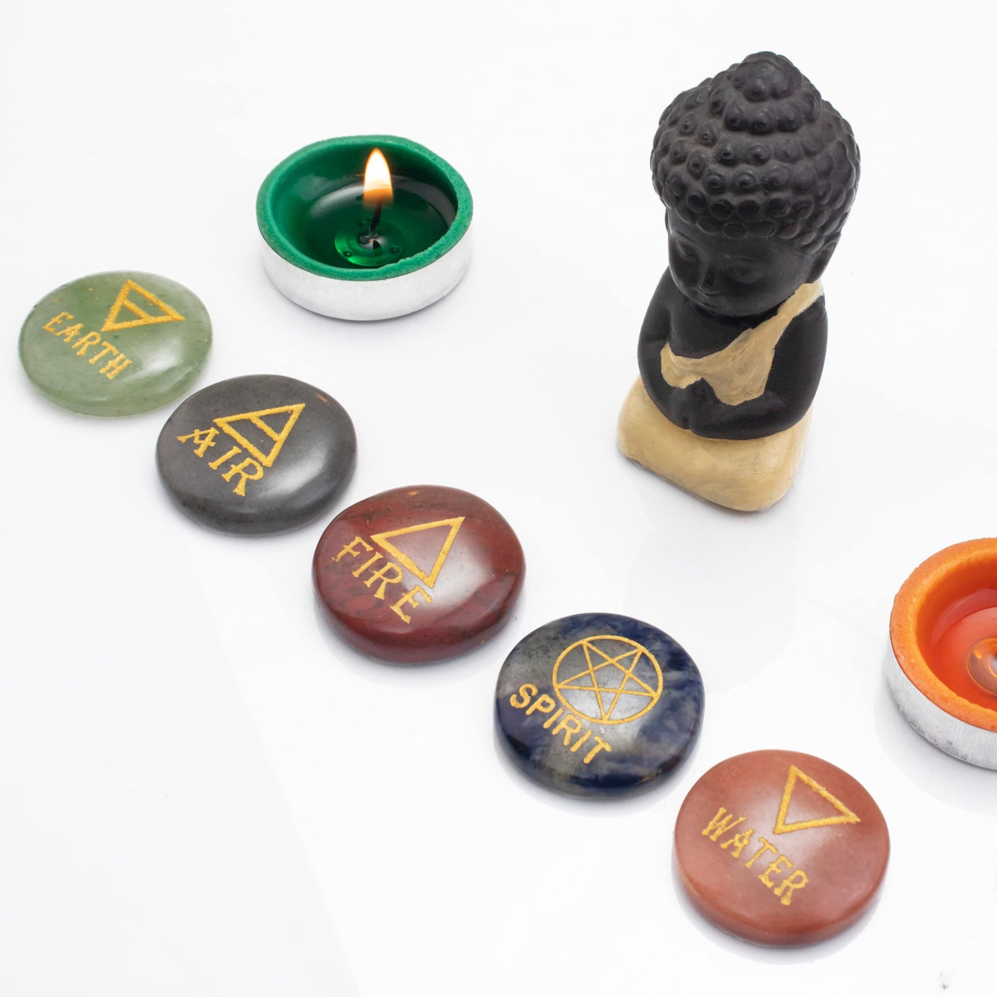 Crocon 5 Elements Assorted Stones Round Shape Engraved Triangle Symbols (Earth Air Fire Water Spirit) Polished Palm Stones for Gemstone Reiki Crystals Healing Stones Meditation Divination Gifts