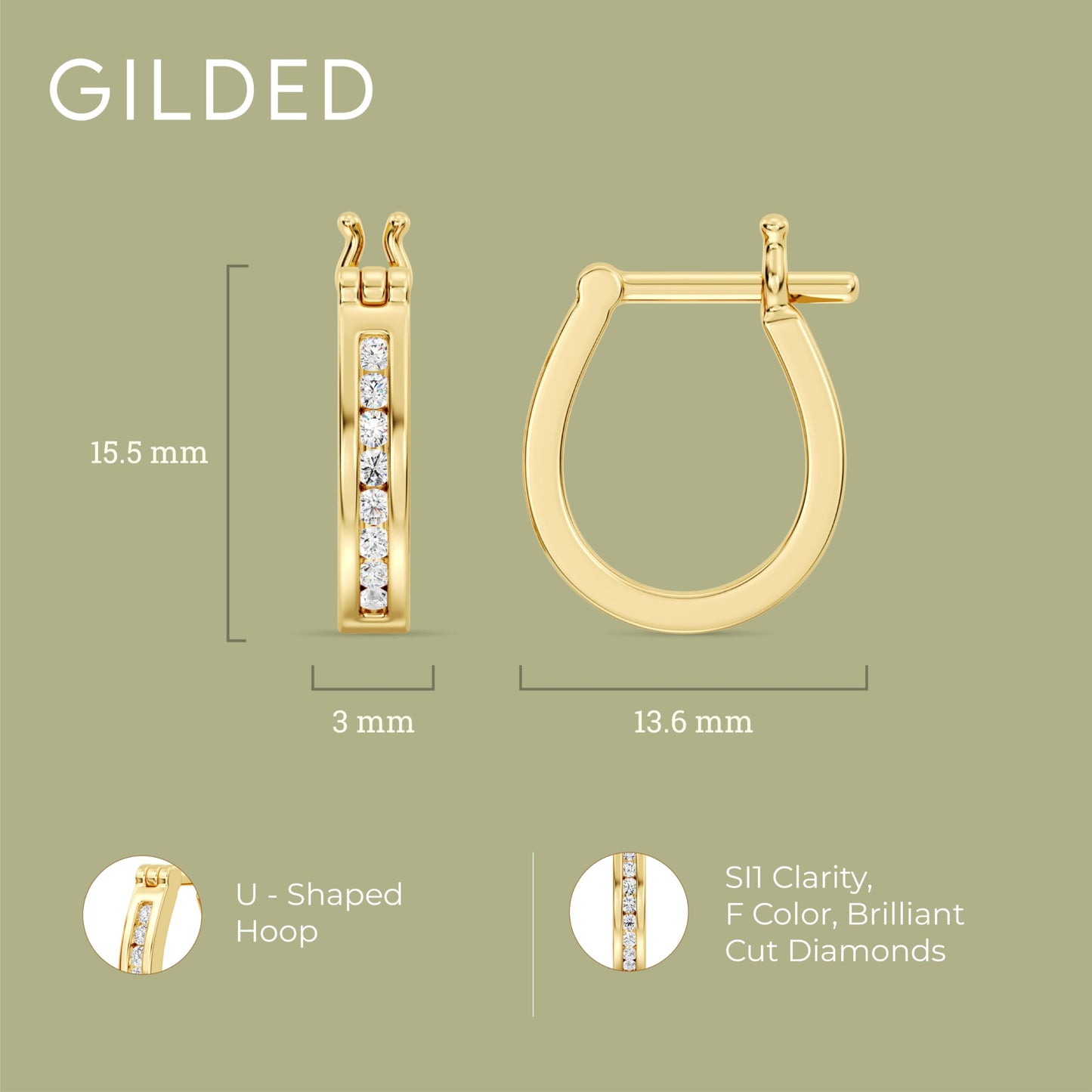 Gilded 1/4 Carat Total Weight Lab-Grown Diamond U-Shaped Hoop Earrings for Women in 14KT Gold Plated Sterling Silver | Hypoallergenic Fine Jewelry | Click Top Closure | SI1 Clarity, F Color