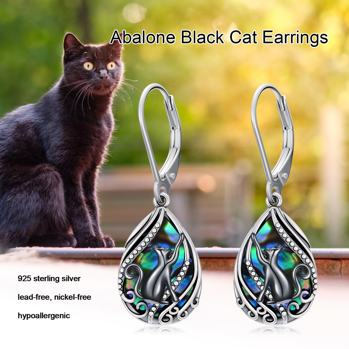 YYmqmq Black Cat Earrings for Women 925 Sterling Silver Abalone Filigree Dangle Drop Earrings Leverback Black Cat Jewelry Gifts for Women Girlfriend Mom
