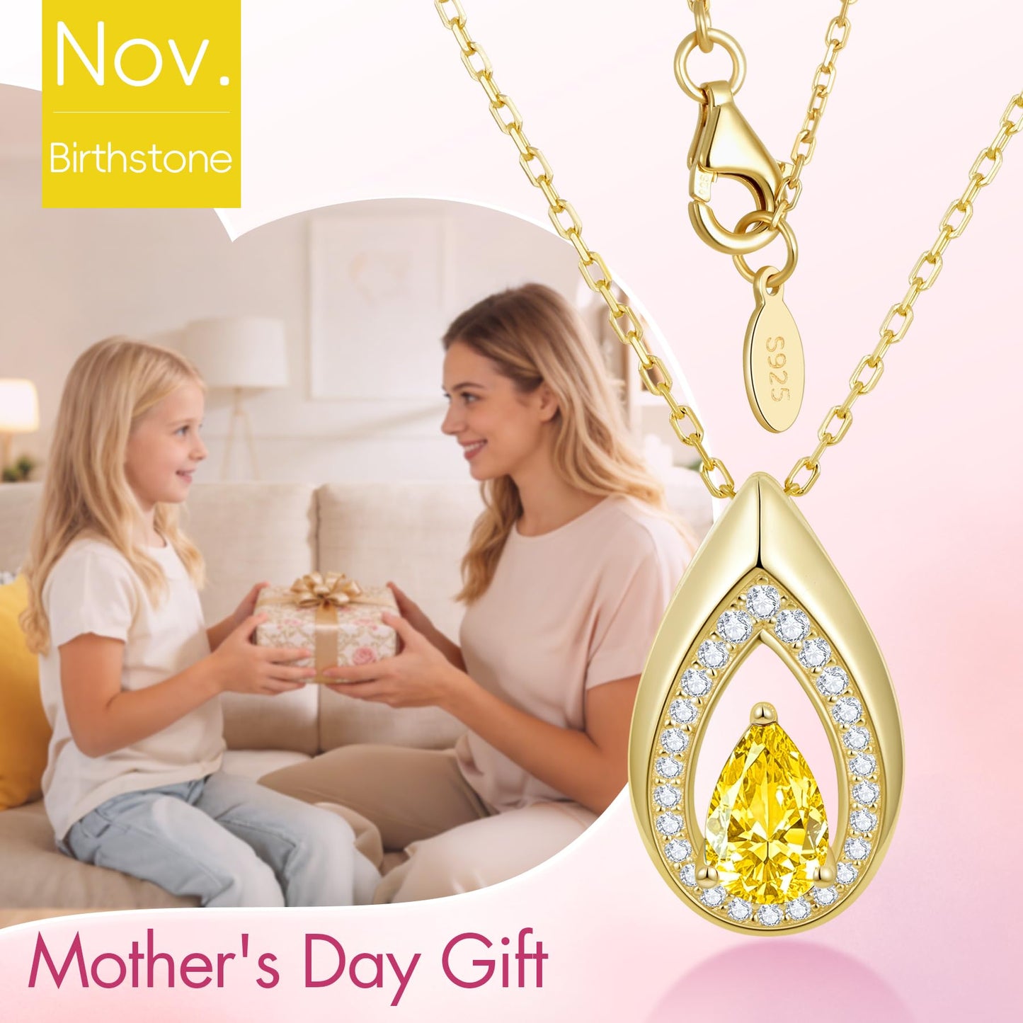 Kstyle 14k Gold Citrine November Birthstone Pendant Necklaces for Women Valentine's Day Birthday Gift Anniversary Jewelry for Wife Daughter Grandma Mom Sister Non Tarnish