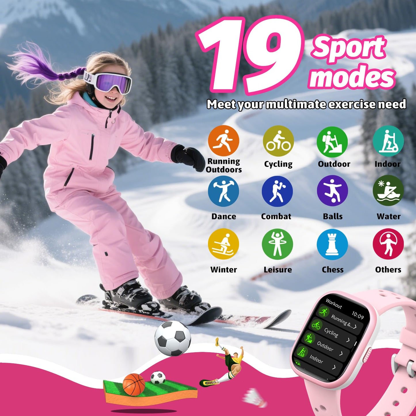 Heroange Kids Smart Watch for Girls Boys,IP68 Waterproof Kids Fitness Tracker Watch with 1.83" Face,Heart Rate Sleep Monitor,19 Sport Modes,Puzzle Games with APP,Great Gifts for Teens 6+ (Pink)