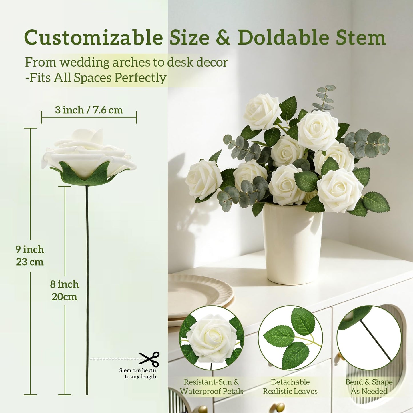 VevlaGreo 25Pcs Artificial Flowers Foam Fake Roses Ivory White with Stems,for DIY Wedding Bouquets White Bridal Shower Centerpieces Arrangements Party Tables Decorations and Home Decorations