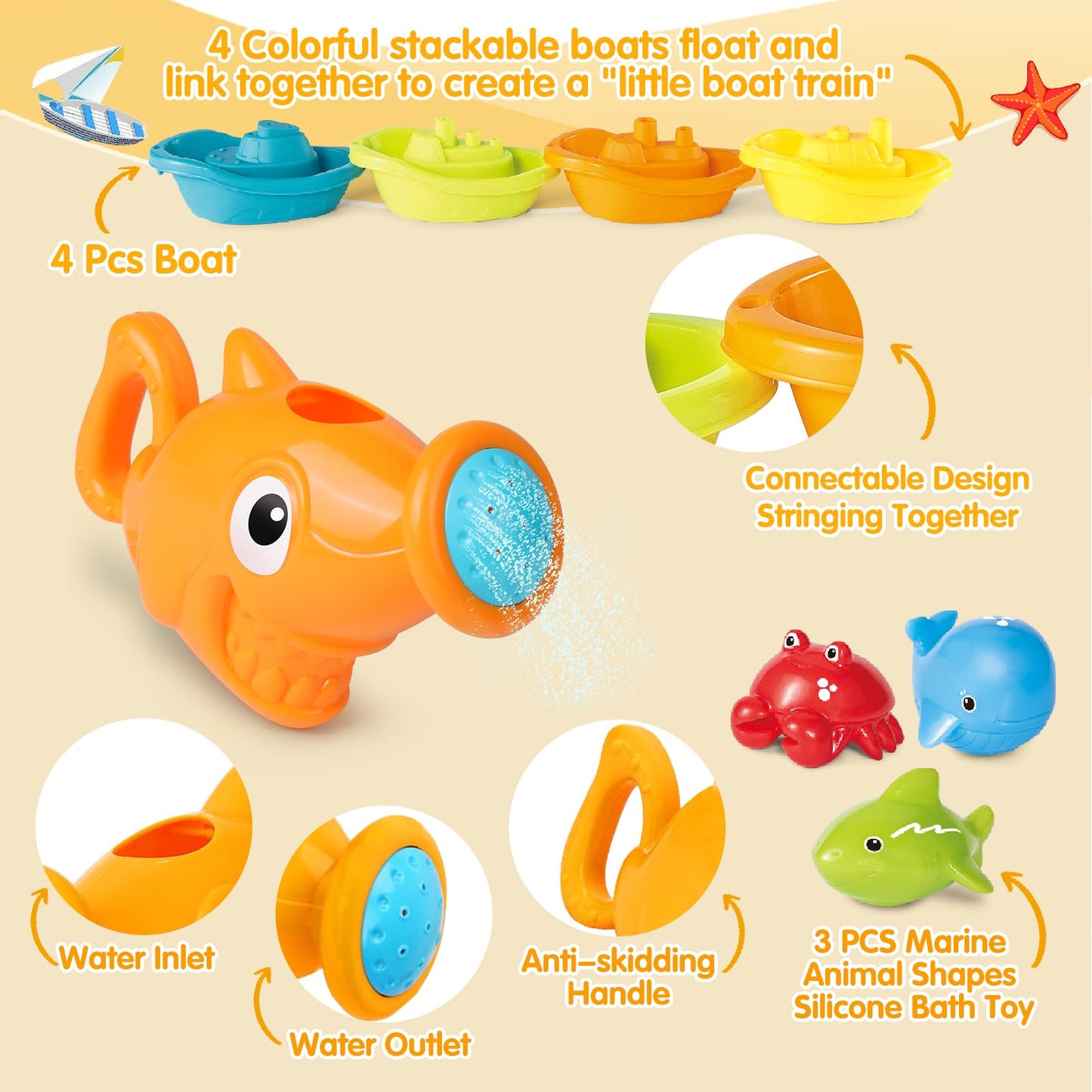 Water Table Toys for Toddlers 1-3, 16PCS Bath Toys for Babies 6-12 Months wtih Floating Boats, Stacking Cups, Shark Water Can & Marine Animal Silicone Toys, Pool Beach Idea Gift for Boys Girls
