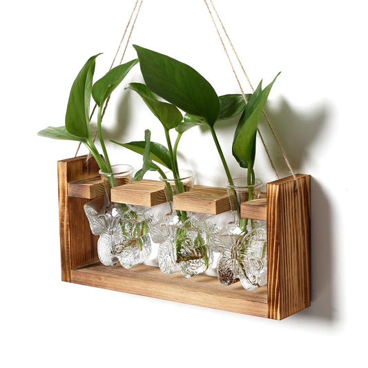 Glass Plant Propagation Station Butterfly Planter Vase with Wooden Stand Birthday Gifts for Women Mom Plant Lovers Office Home Decoration