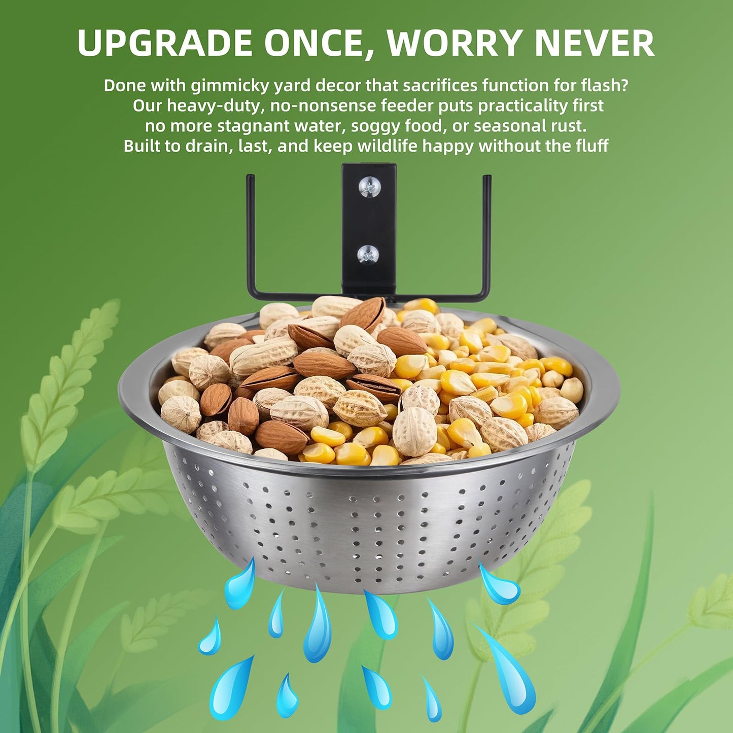 TKMSV 2 Pack Squirrel Feeders Tree/Fence Mounted, 8.5" Removable Colander Bowls (1.4L Each), 2 Corn Cob Spikes for Various Food, Perfect Metal Squirrel Feeders for Outside, Easy to Clean/Refill