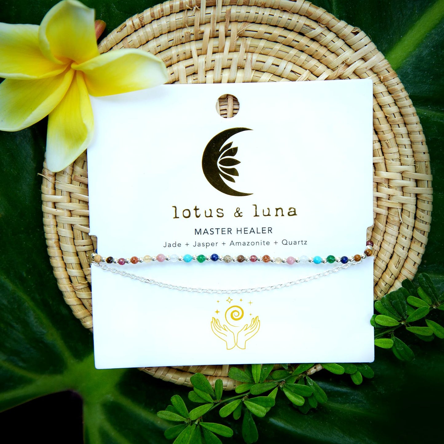 Lotus and Luna 2MM Master Healer Energy Chakra Healing Dainty Layered Bracelet with Real Stones Jade, Pearl, Rose Quartz, Amethyst, Moonstone (Master Healer Silver)