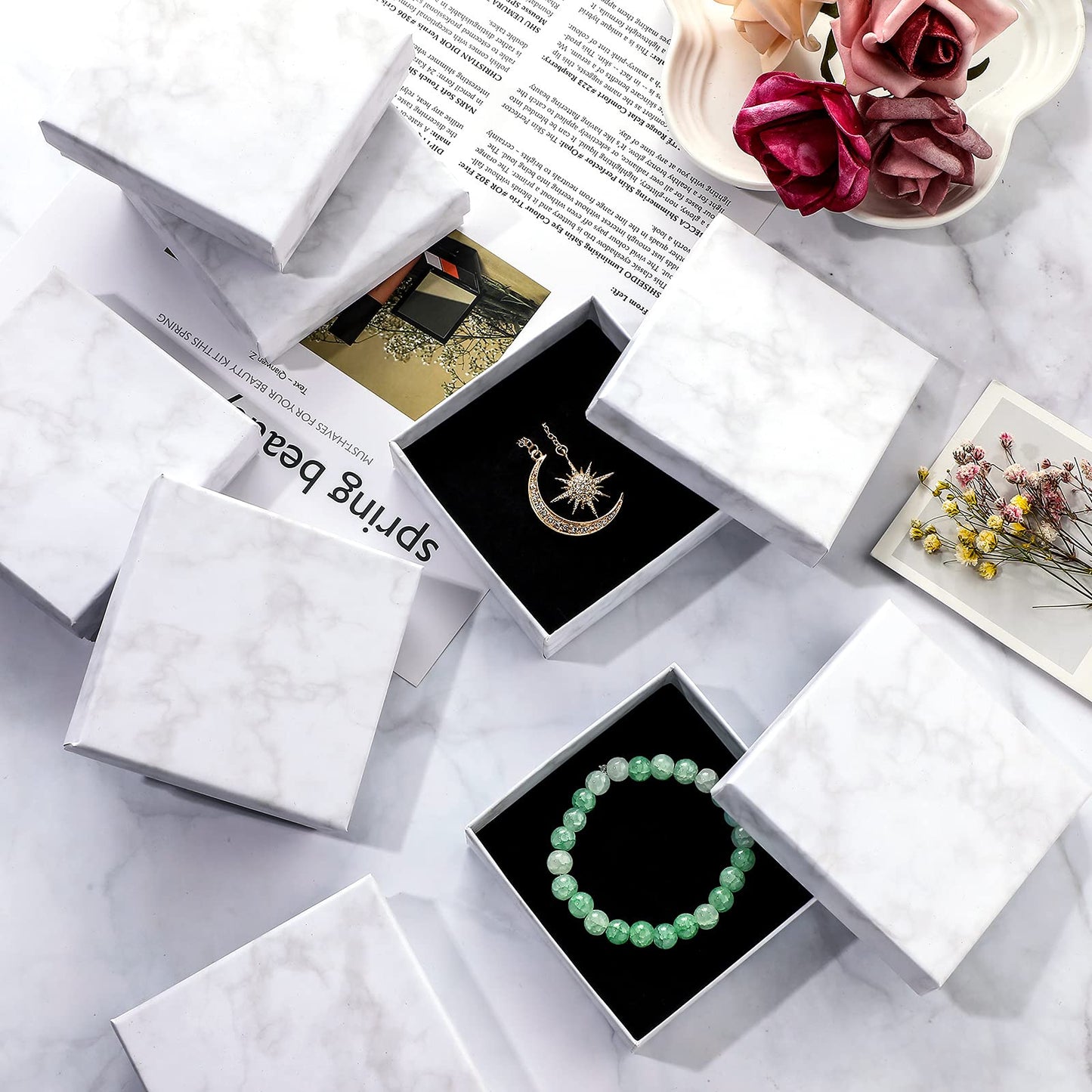 Pajean 12 Pcs Marble Jewelry Gift Boxes for Bracelet Cardboard Bracelet Box 3.54 x 3.54 x 1.18 Inch Small Cotton Filled Velvet Jewelry Gift Case, Marble White