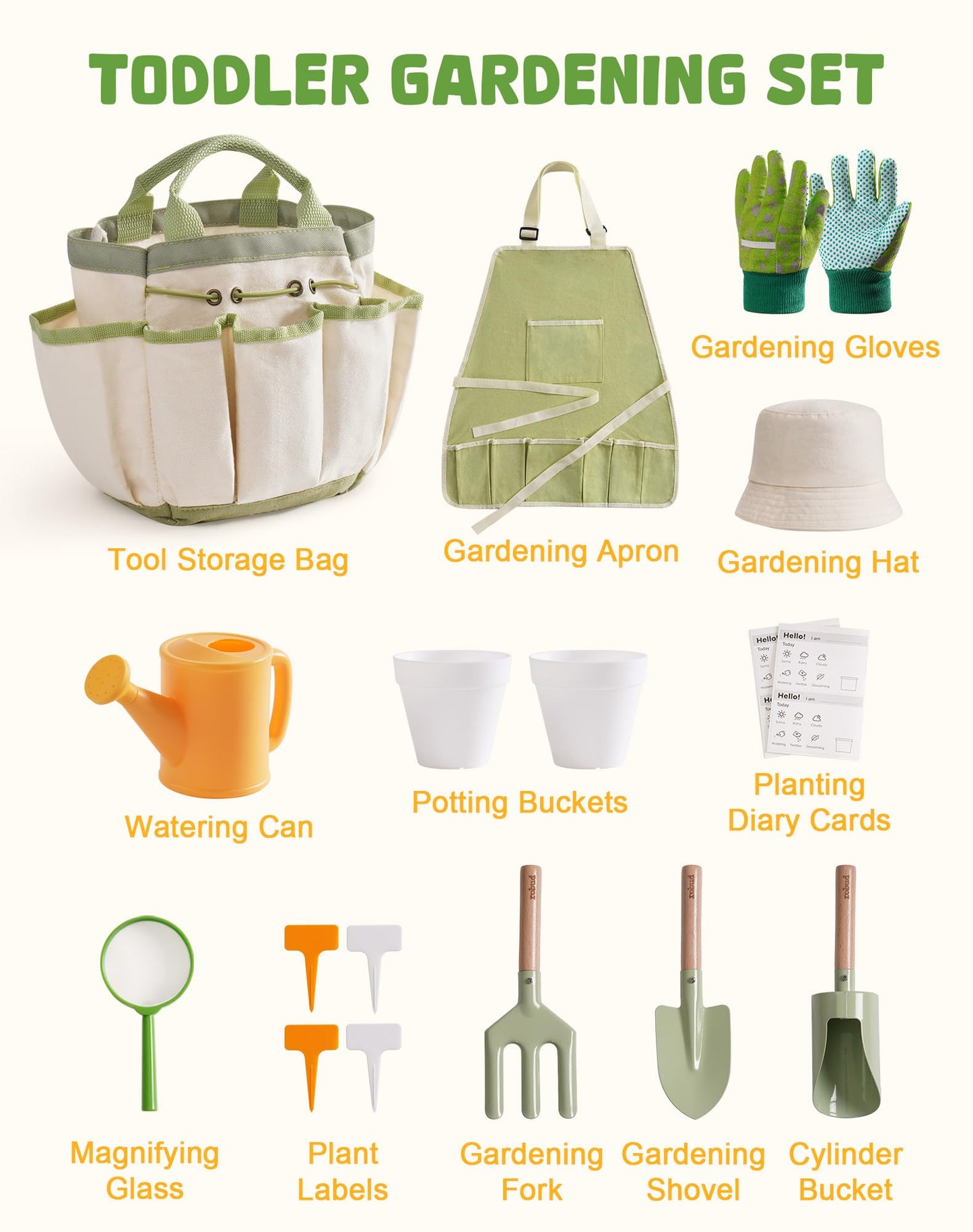 ROBUD Kid Gardening Set, Wooden Garden Tool for Kid, Garden Tool Kit with Tool Storage Bag, Apron, Gloves, Montessori Toys for Kids to be Closed to Nature, WRP25