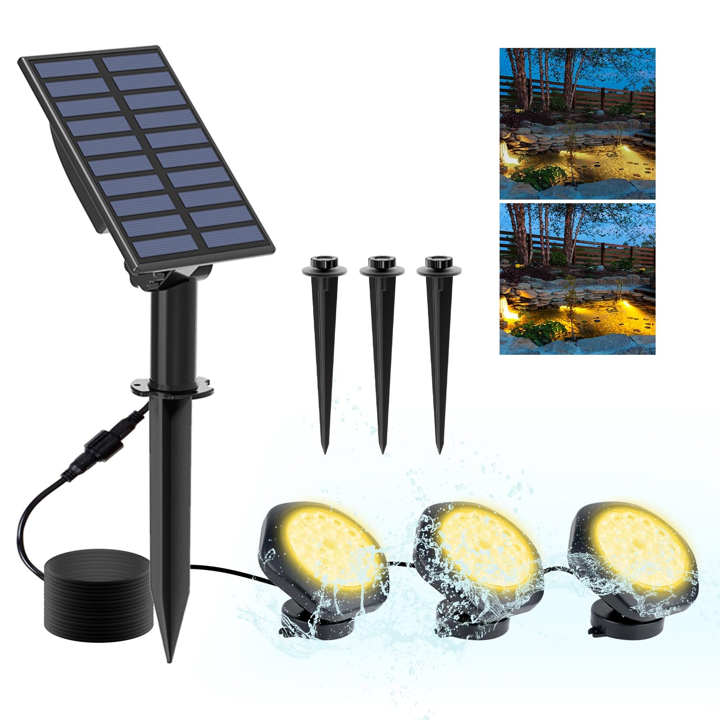 CREPOW Solar Pond Lights,3000K Warm White LED Underwater Submersible Fountain Light,IP68 Waterproof Landscape Spotlights Lighting for Fish Aquarium Tank Garden Yard Pond Pool Decor(3-in-1)