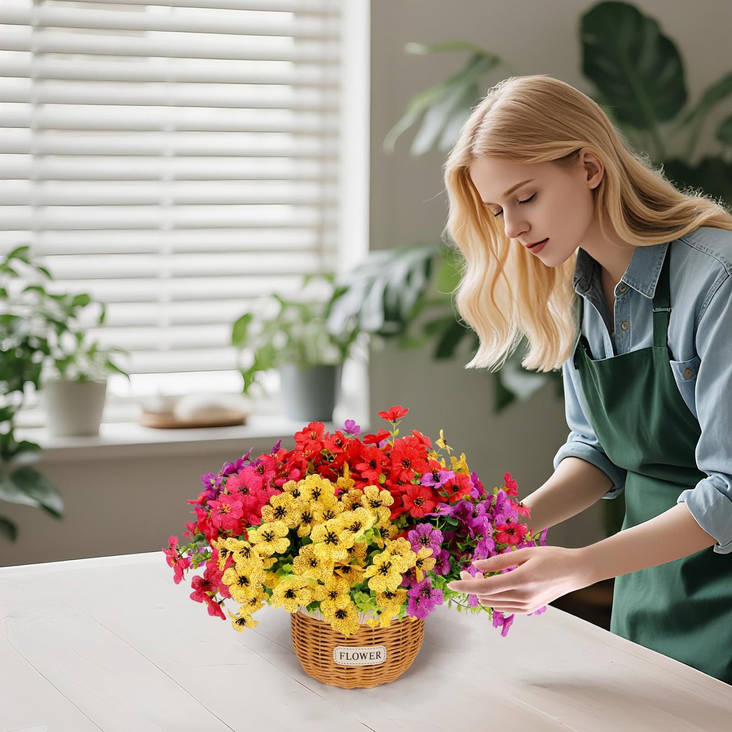 Geegoods Artificial Flower Arrangements for Tables, Fake Potted Mums Silk Flowers with 2 Rattan Baskets for Home Dining Bedroom Office Farmhouse Decor