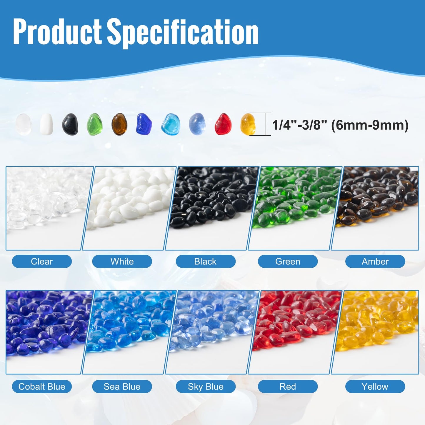 KIJOU Blue Sea Glass Stones - 1.3lb Polished Pebbles (1/4–3/8 Inch) for Crafts, Aquarium Gravel, Ocean-Themed Decor and Vases