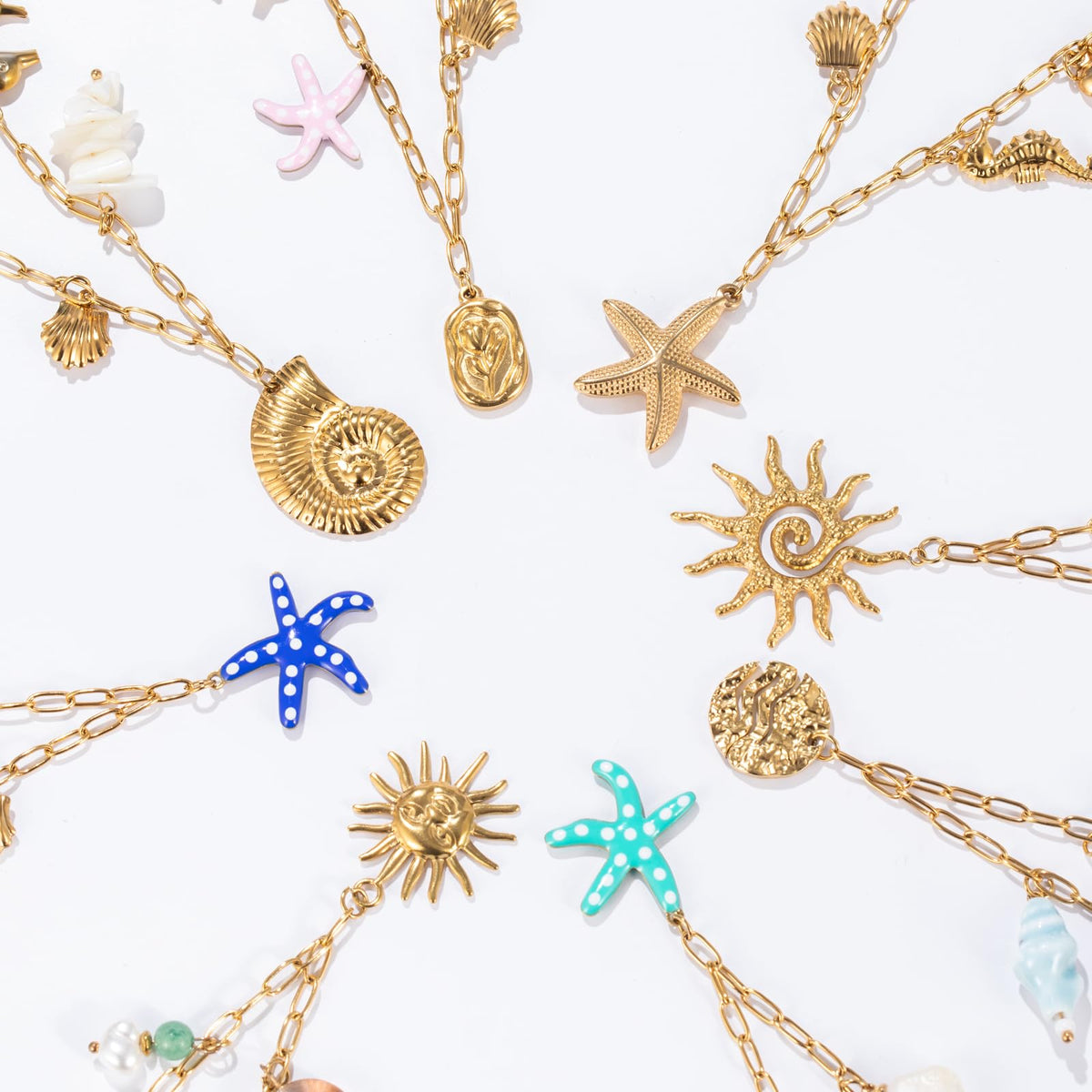Chunky Gold Necklace Statement Boho Beach Ocean Summer Stainless Steel Jewelry Shell Starfish Turquoise Dolphin Pearl Sun Flower Wave Heart Fish Charm Choker Necklaces for Women(Sun)