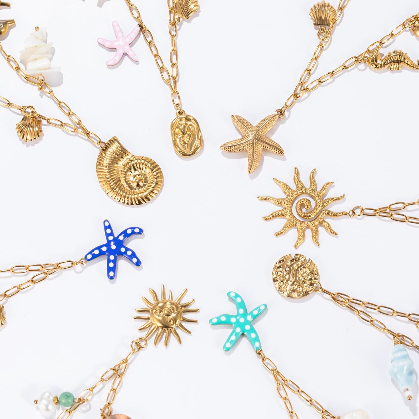Chunky Gold Necklace Statement Boho Beach Ocean Summer Stainless Steel Jewelry Shell Starfish Turquoise Dolphin Pearl Sun Flower Wave Heart Fish Charm Choker Necklaces for Women(Seashell)