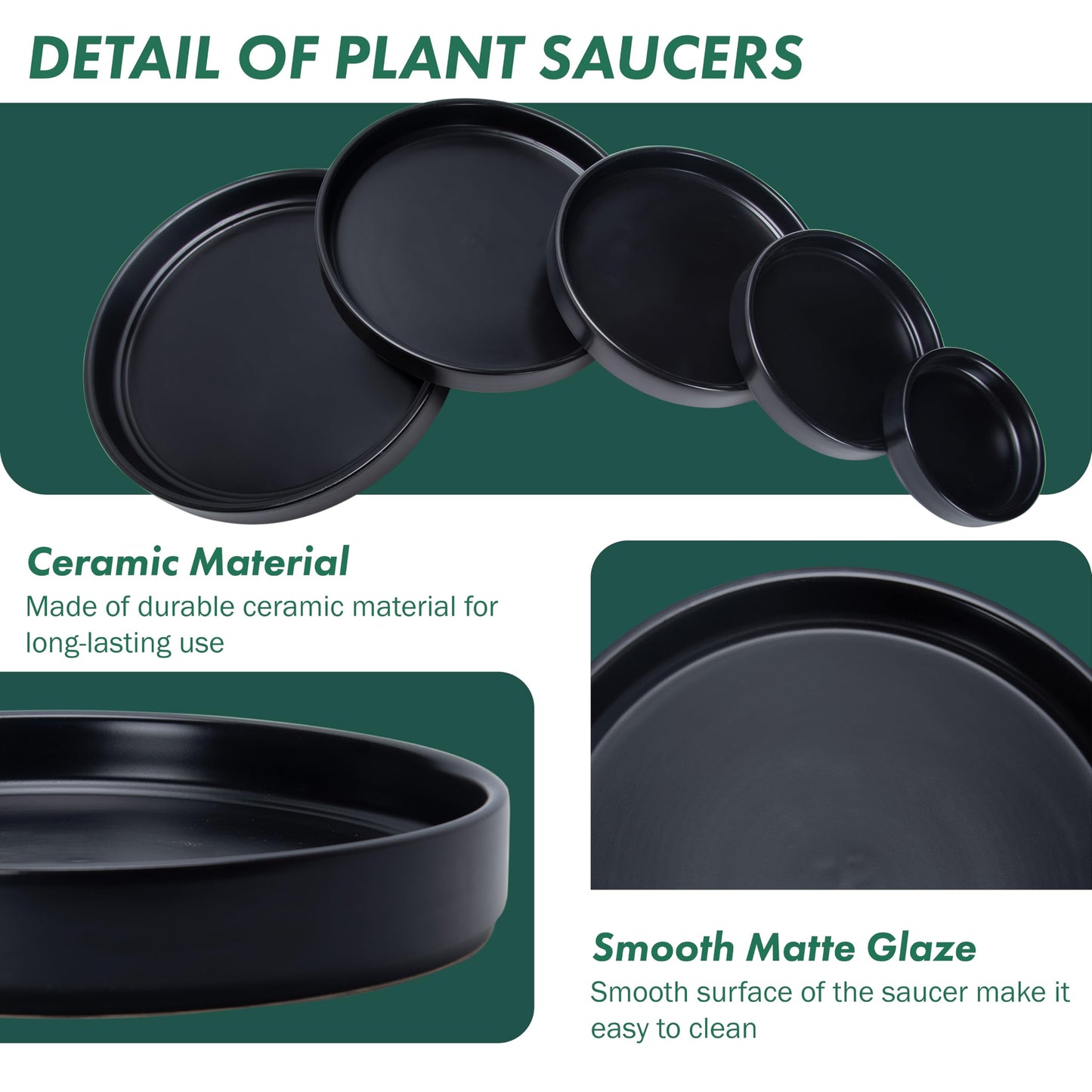 D'vine Dev Modern Round 8.7 Inch Ceramic Plant Pot Saucer, Planter Pot Drainage Tray for Indoor Plants, Matte Black, 97-T-B-4