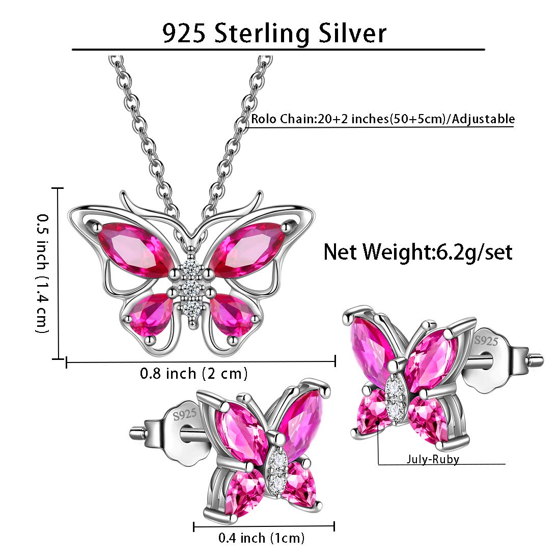 Hipunk Butterfly Red Jewelry Sets Birthstone Women 925 Sterling Silver July-Ruby Birth Stone Animal Butterflies Jewelry Sets/Earring Set Crystal Birthday Jewelry SS0001R