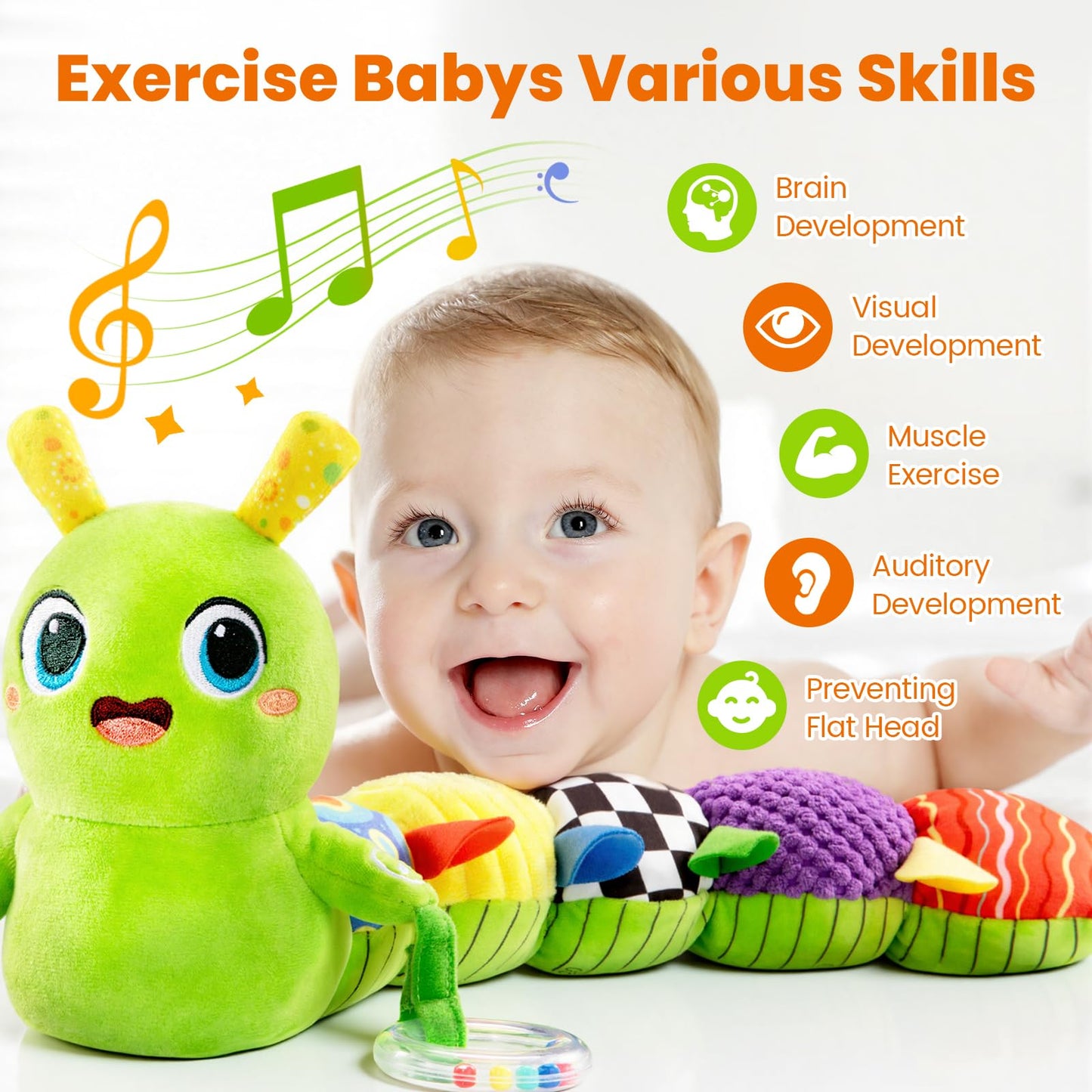 Baby Toys 0-6 Months, Washable Baby Musical Caterpillar Toys with 10 Children's Songs,Rattles,Teething Toys,Suitable for 0-6, 6-12 Months Infant Tummy Time Toy,Newborn Baby Boy&Gril Toy(Green)