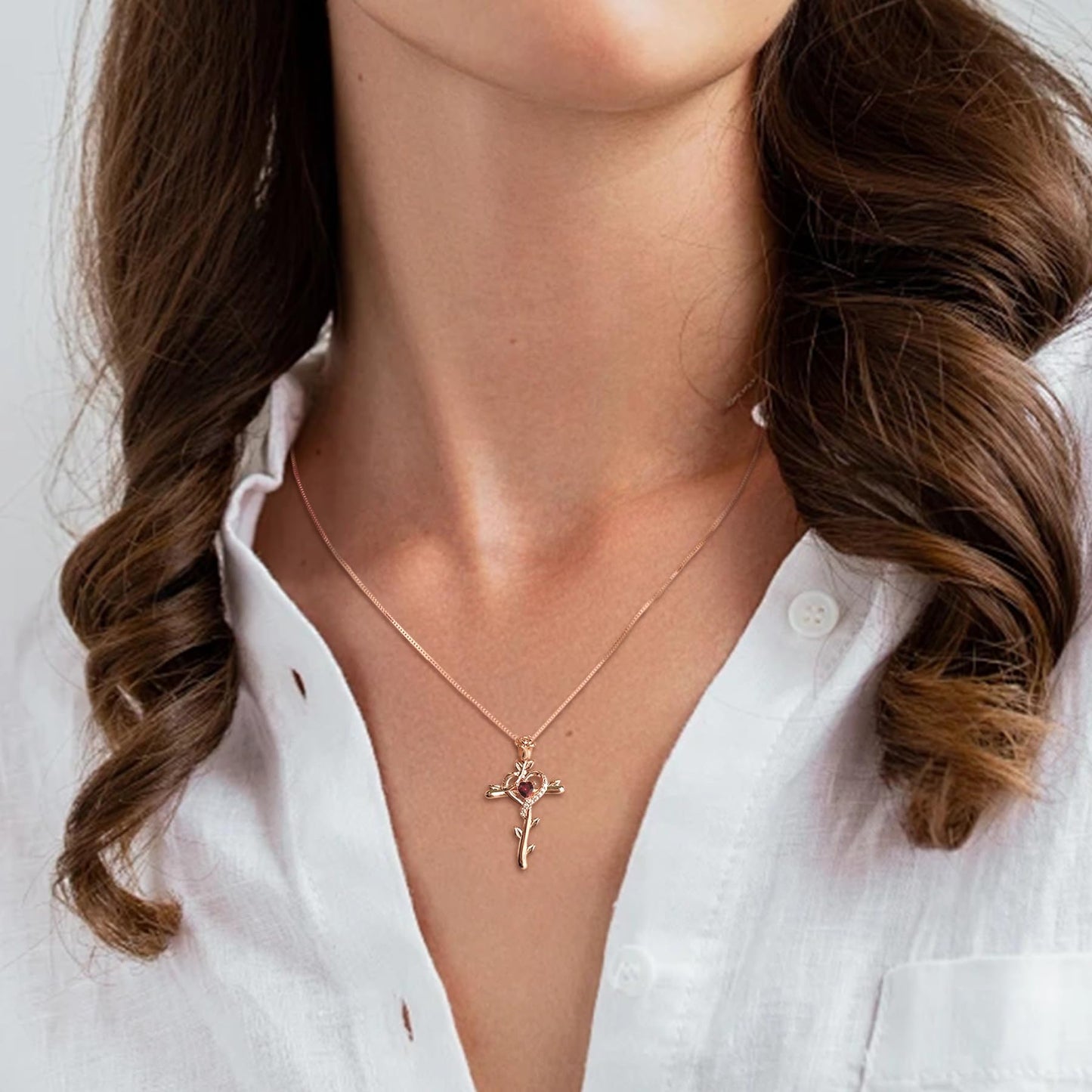 STARCHENIE Rose Cross Necklace, 925 Sterling Silver 14K Rose Gold Plated, Created Ruby Heart Pendant, Crucifix Jewelry Gift for Women