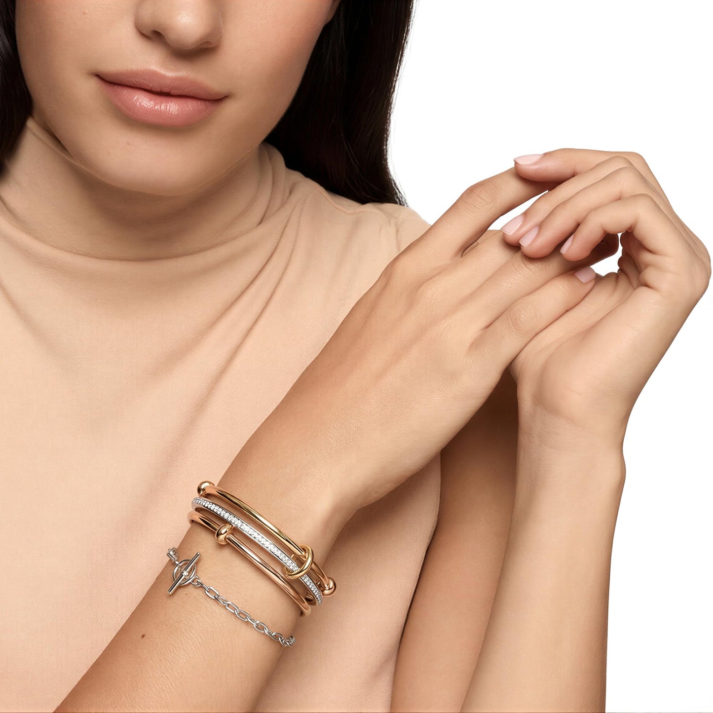 Musishiyu Gold Bracelets for Women Stacking Bangle - 18K Mixed Metal Tri-Color Rolling Interlocking Bands, Cubic Zirconia Fidget Anxiety Jewelry, Perfect Gifts for Mom Wife Grandma
