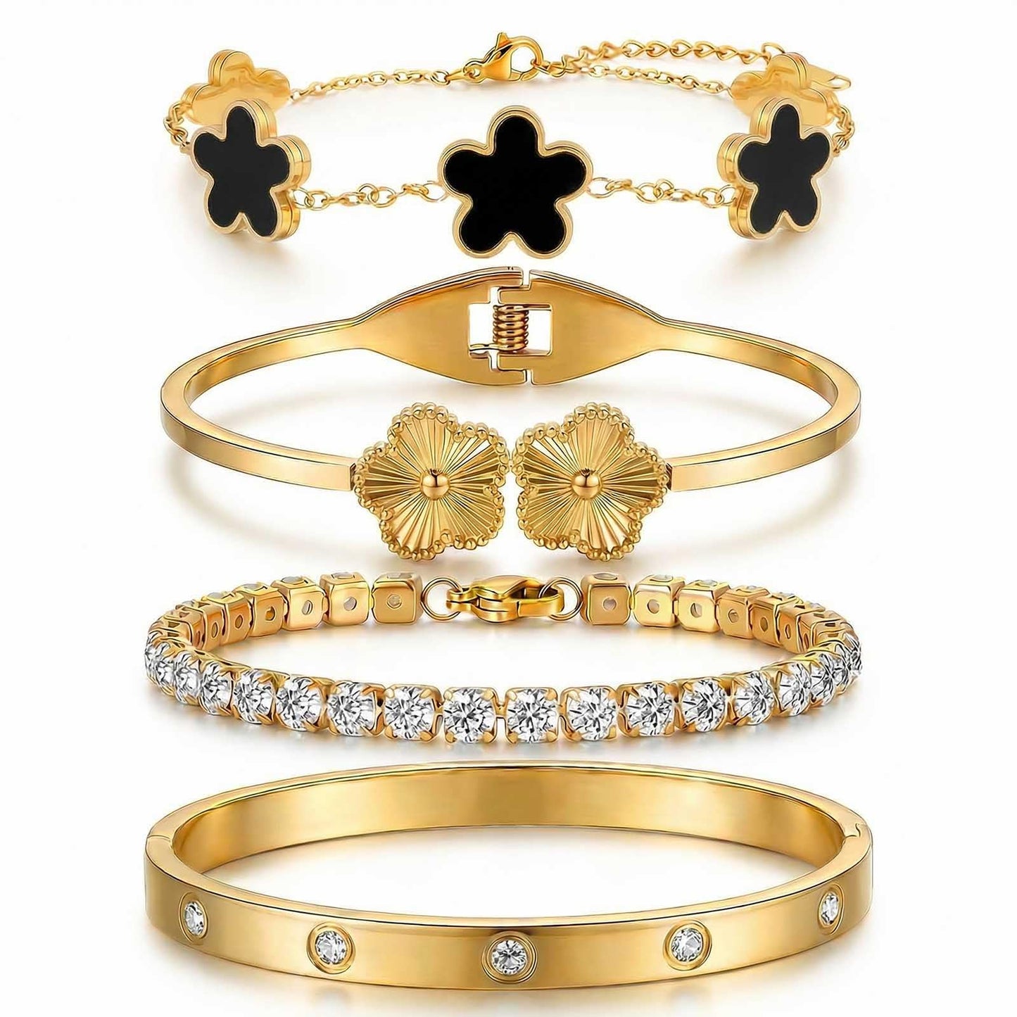 ISELBDR 18K Gold Bracelets for Women - Clover Cuff & Cubic Zirconia Tennis Bangle Set - Non-Tarnish Stainless Steel Trendy Jewelry Gift for Valentine‘s, Christmas & Mother’s Day (Black)