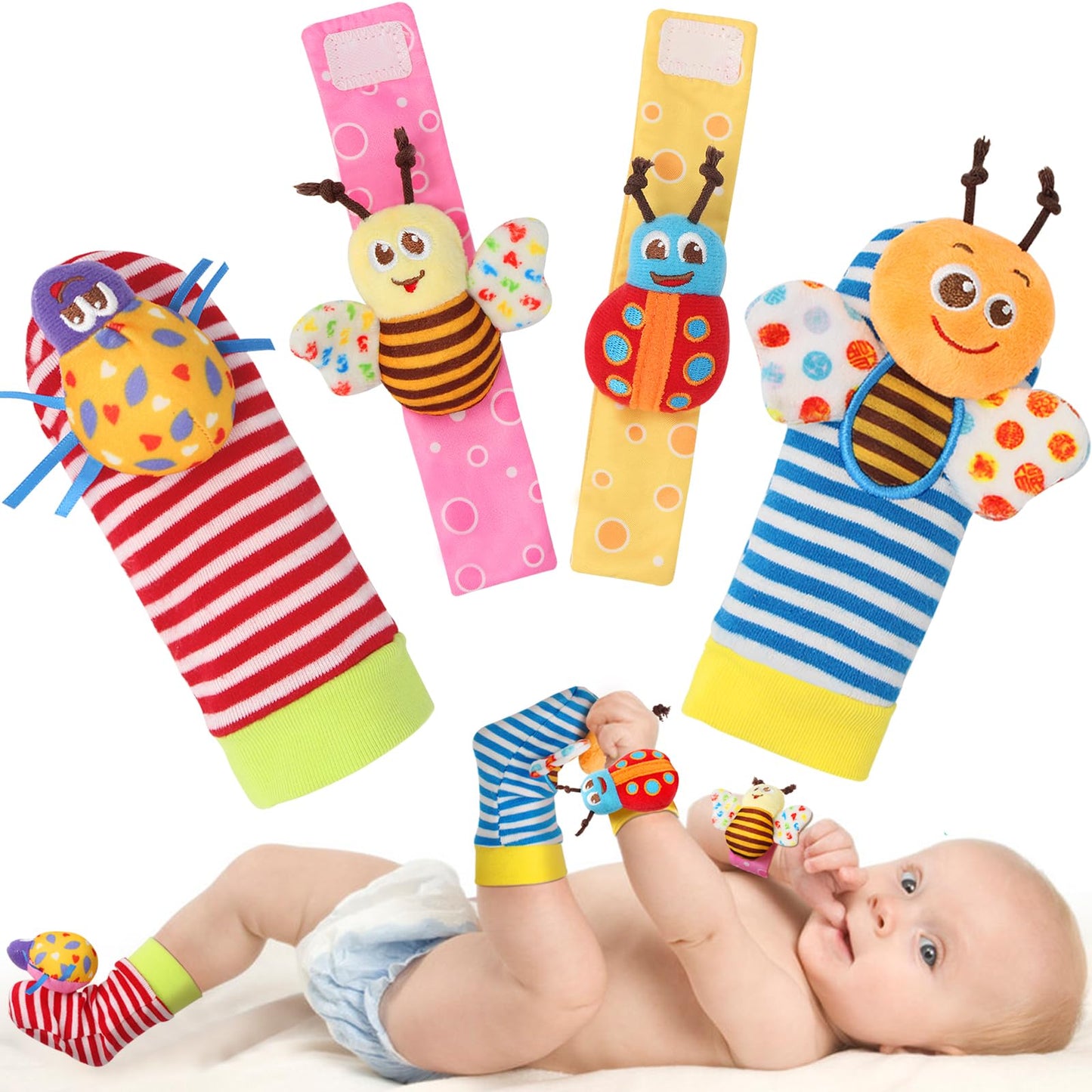 Bloobloomax Wrist Rattle Socks and Foot Finder Set, Infant Girl Boy Toys for Babies 0-36 Months, Newborn Hand & Foot Toys for 0 to 3 Years, Baby Shower Gifts Set (Dark Blue Gift Box)