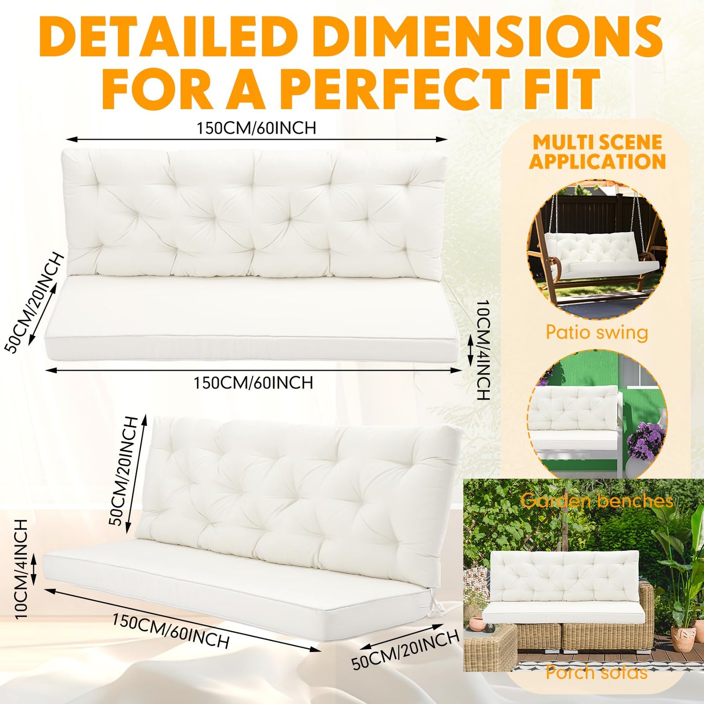 Wenqik 2-3 Seater Porch Swing Cushions with Backrest 60 x 40 x 4 Inch Thick Outdoor Waterproof Bench Pad Patio Swing Replacement Cushion, Split Design, Soft for Garden, Lawn, Backyard(Natural White)