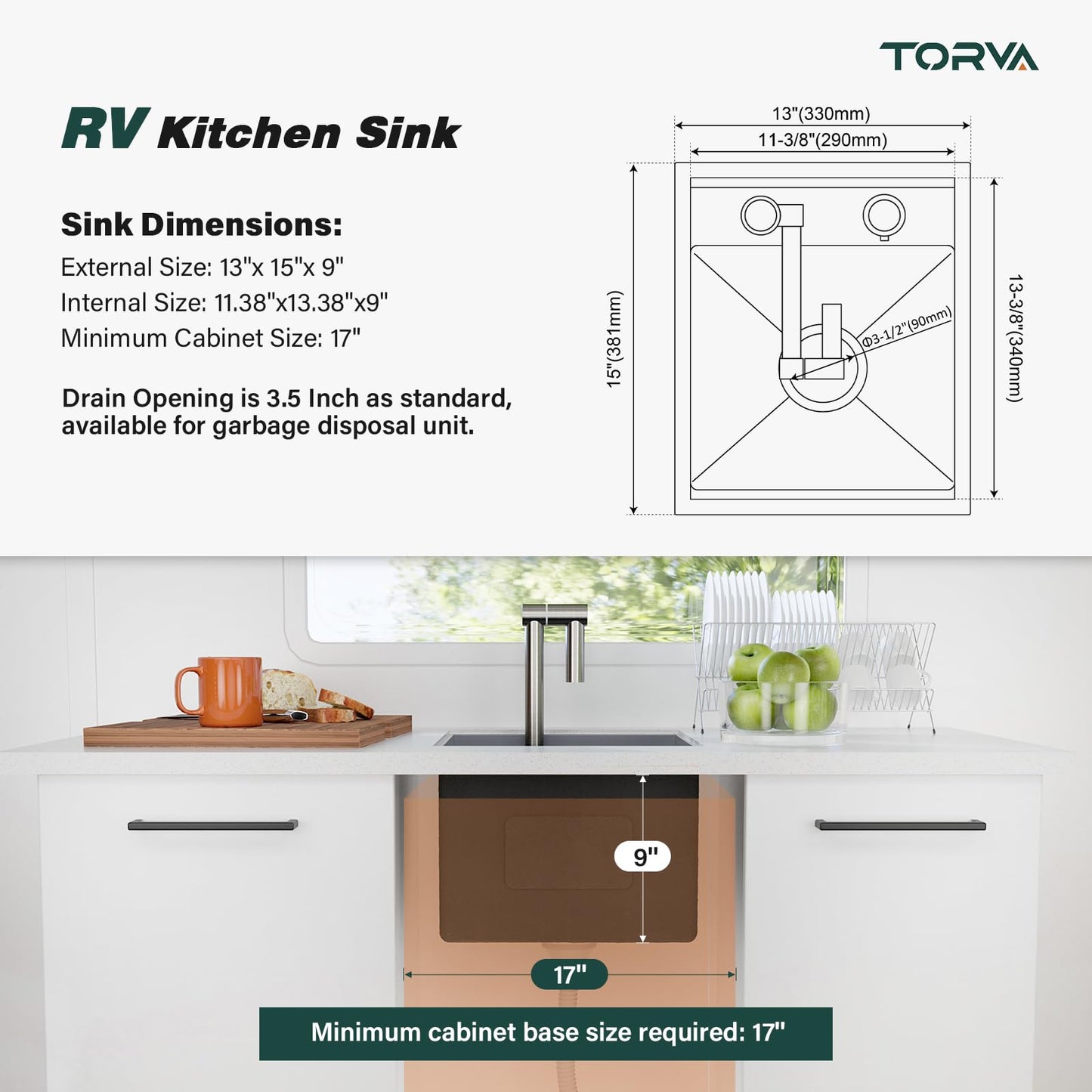 TORVA RV Kitchen Sink, 13 x 15 x 9 Inch Undermount Bar Sink 16 Gauge Stainless Steel Single Bowl Sink with Faucet Cutting Board, Grey