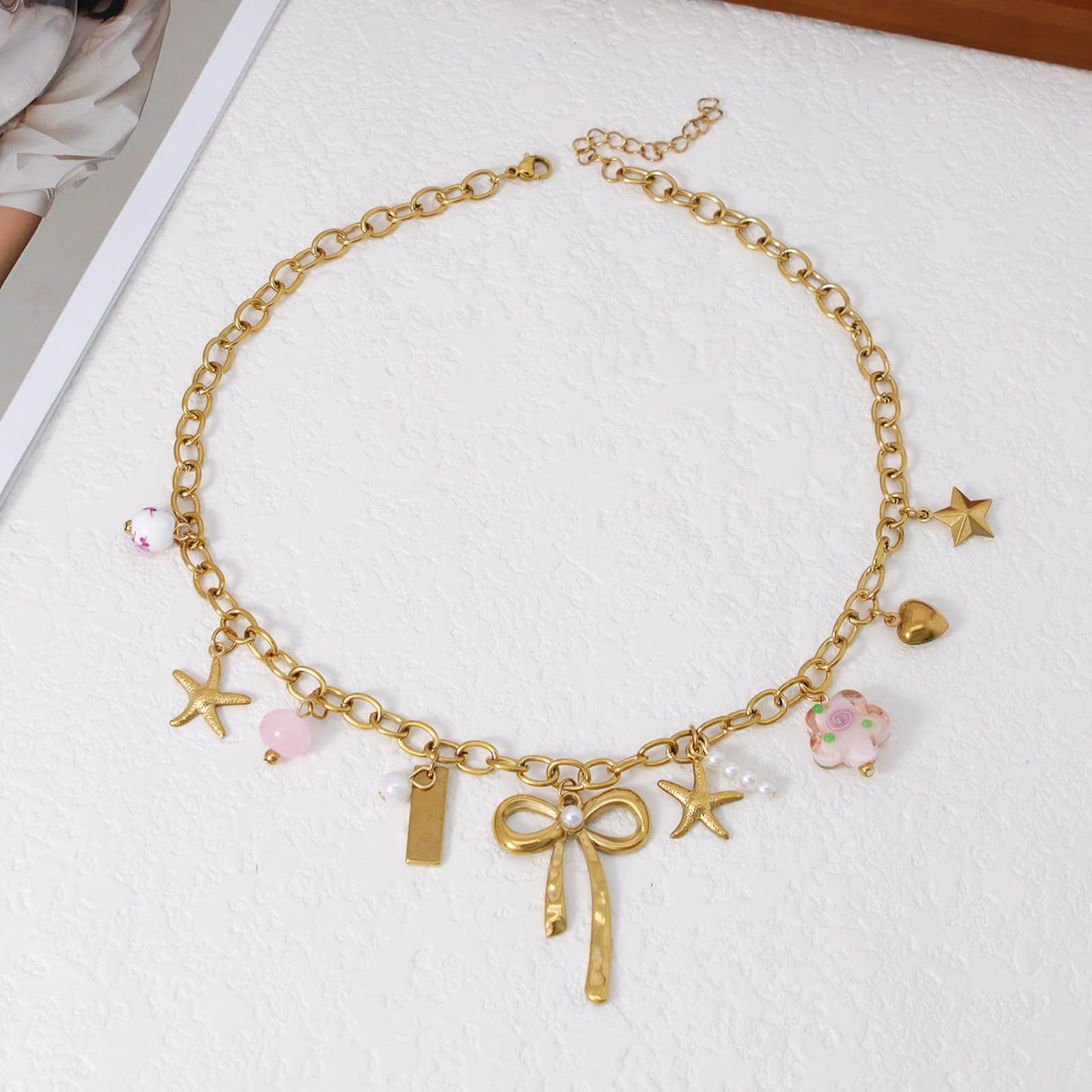 Trendy Stainless Steel Gold Plated Charm Necklace with Heart Pearl Pepper Conch Ceramic Pendant Necklace for Women Collares Chokers Jewelry (Bow Necklace)
