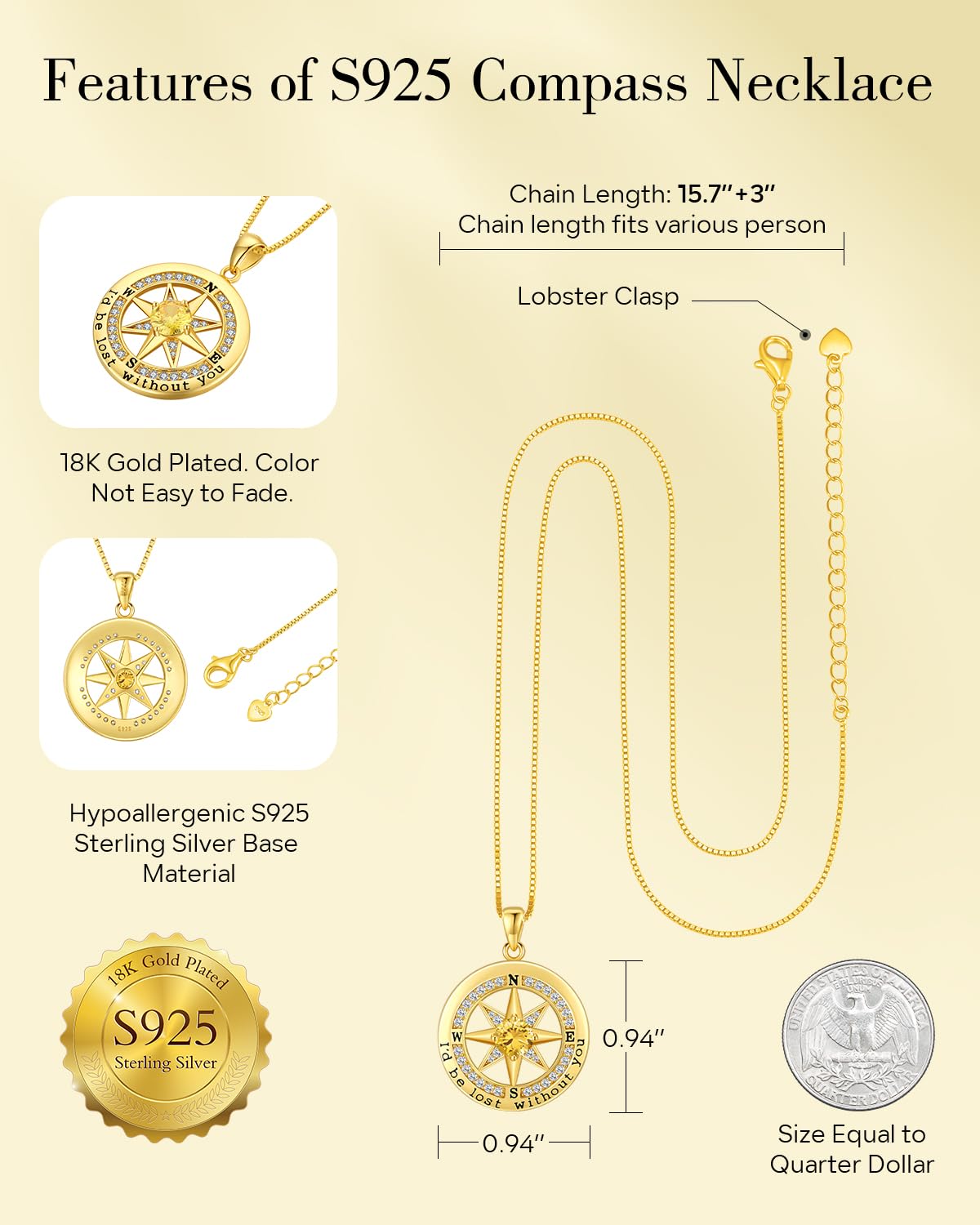 S925 Necklace Gift for Wife |Compass Jewelry Women Anniversary |Sterling Silver |Girlfriend Birthday Necklaces for Her Valentines |I'd be Lost without You |Jewel 18K Gold Nov 11