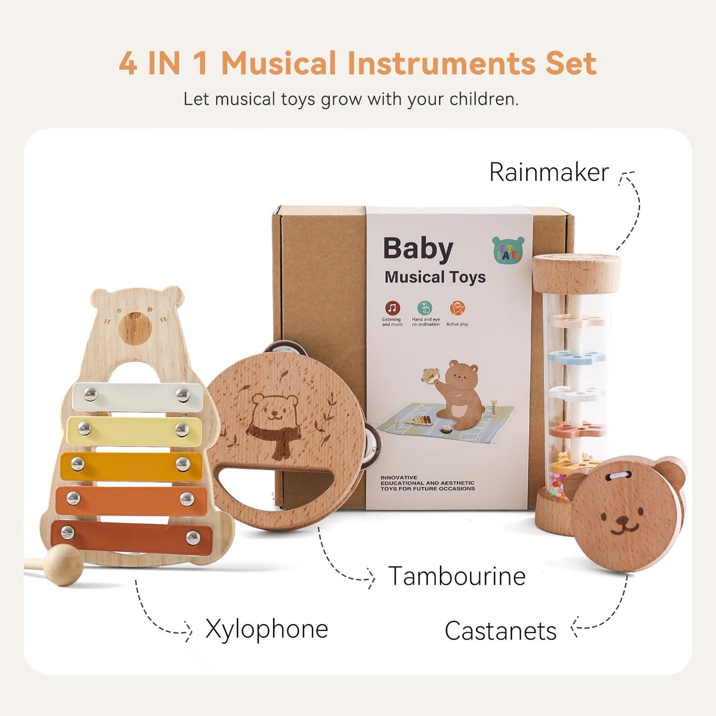 IEATFO Baby Musical Instruments - Your Child's First Musical Toys with Castanet Rainmaker Tambourine Xylophone - Baby Friendly Design Wooden Instruments Set Grow with Your Boys and Girls