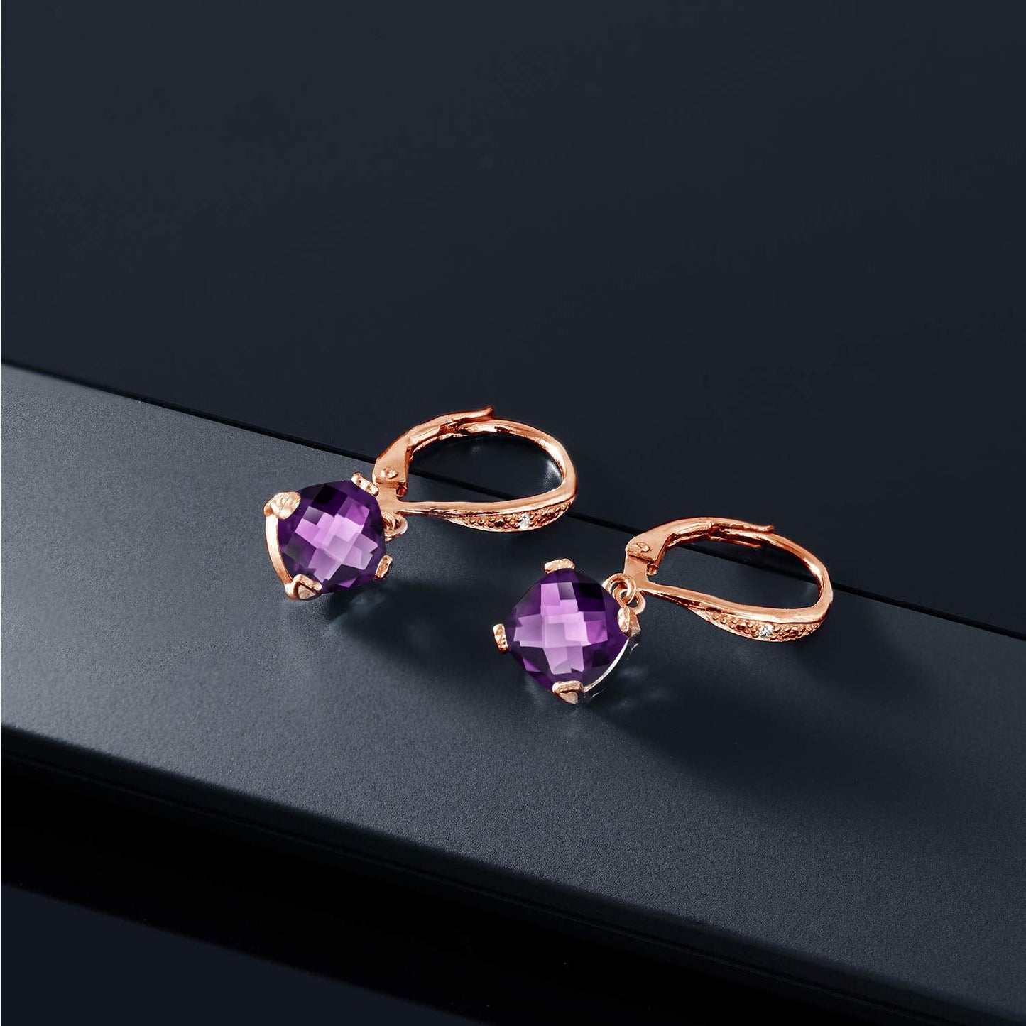 Gem Stone King Drop Dangle Earrings For Women | 7MM Cushion Cut Gemstone Birthstone and Diamond | 925 Sterling Silver | Jewelry Gift for Mom Wife Her | Amethyst-Checkerboard-February | Rose Gold