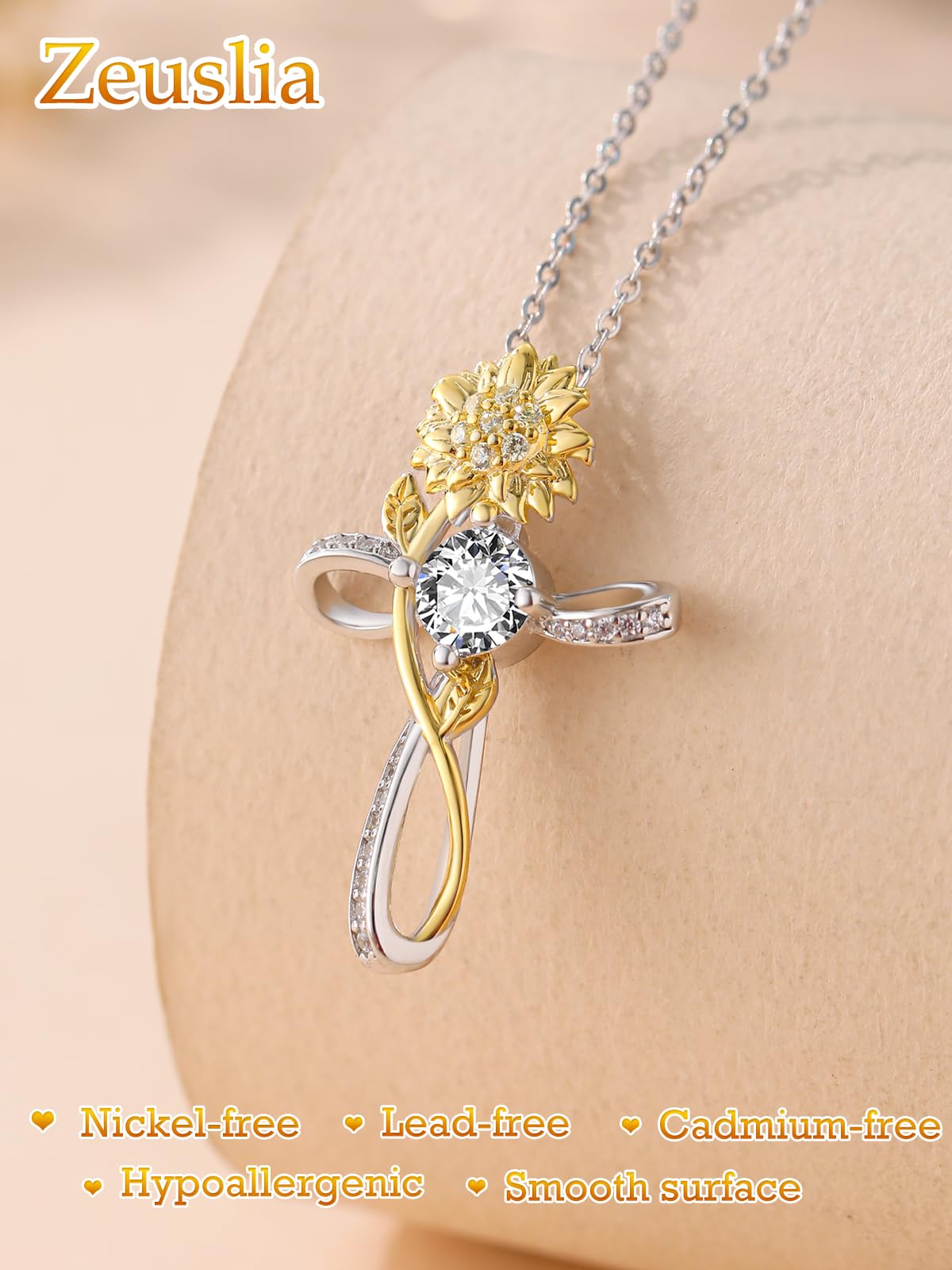 Zeuslia Cross Necklace for Women Sterling Silver Cross Pendant Jewelry with Sunflower CZ April Birthstone Necklace Christian Religious Baptism First Communion Confirmation Birthday Gifts for Women