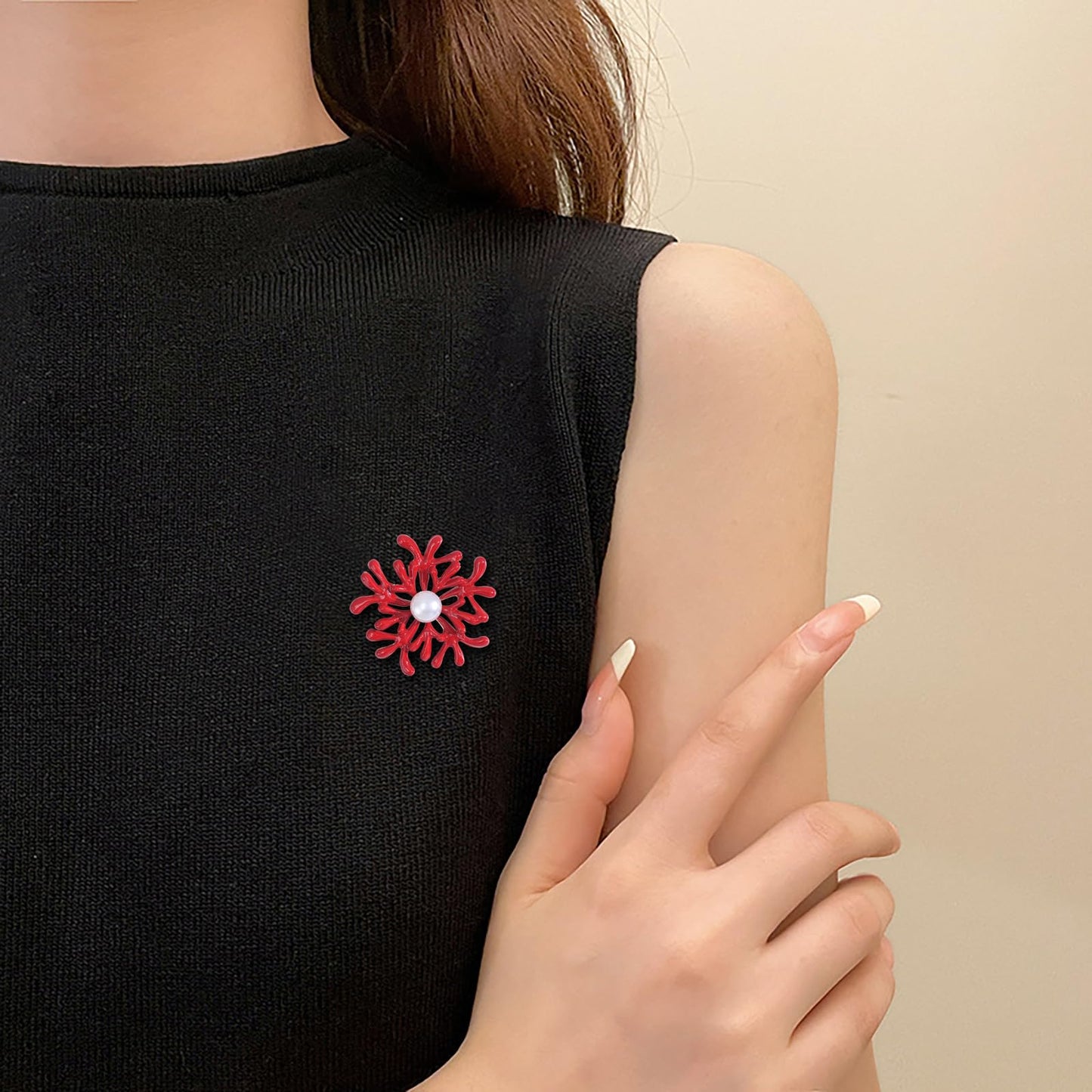 Elegant Coral Flower Brooch for Women Pearl Red Floral Lapel Pins Wedding Party Dance Dress Suit Clothes Accessories Jewelry