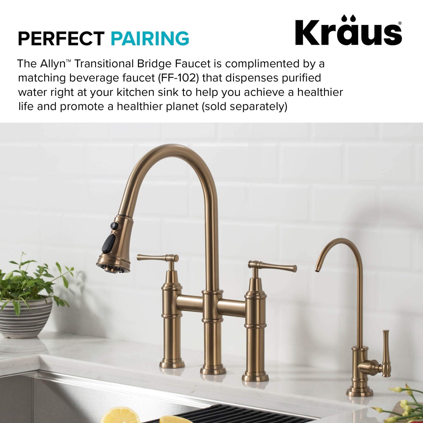 KRAUS Allyn Transitional Bridge Kitchen Faucet with Pull-Down Sprayhead in Brushed Gold, KPF-3121BG