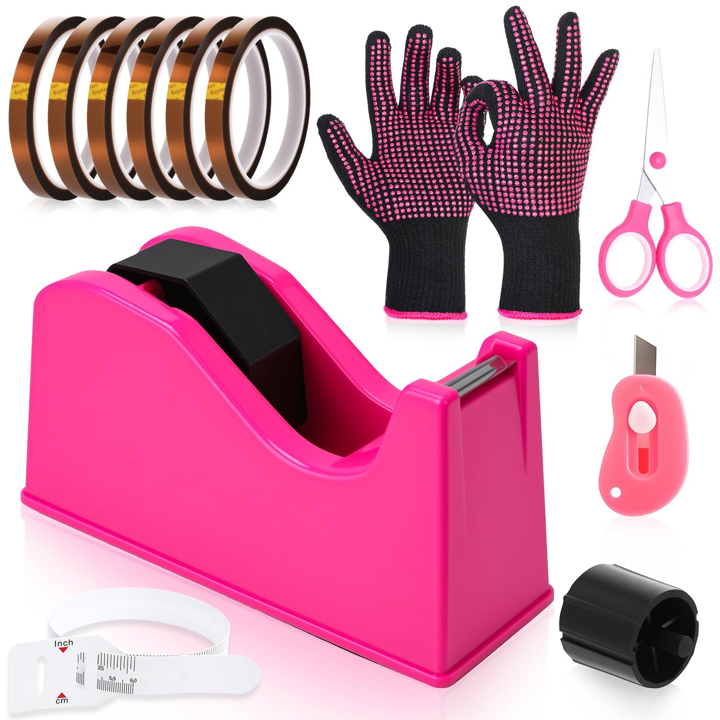 libfrnt 12 Pcs Heat Tape Dispenser Set, Sublimation Tape Dispenser Heat Resistant Gloves with Silicone Bumps 6 Pcs Heat Tape for Sublimation Mini Cutter Measuring Ruler Scissor for Office Home, Pink