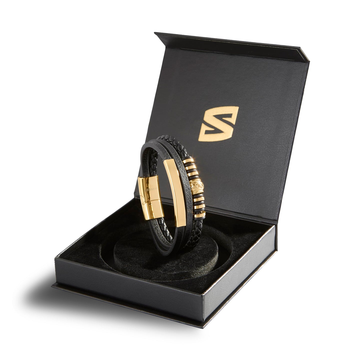 SERASAR Mens Bracelets Leather and Steel Gold Men Bracelet Cowhide Gift Box Braided Stainless Jewelry Wrist Band Cuff Wrap Rope Bangle Dad Man Pulseras para Hombres Cuero Regalo