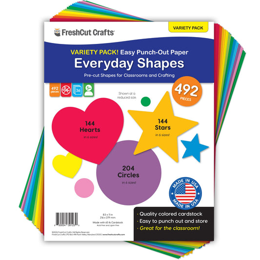 492 Pieces Multicolor Hearts, Stars, and Circles Punch Out Paper Cutouts in 6 Sizes, 2-Sided US Made Card Stock for Bulletin Boards, Classroom Decor, Posters, Valentine’s Day Crafts, and Party Designs